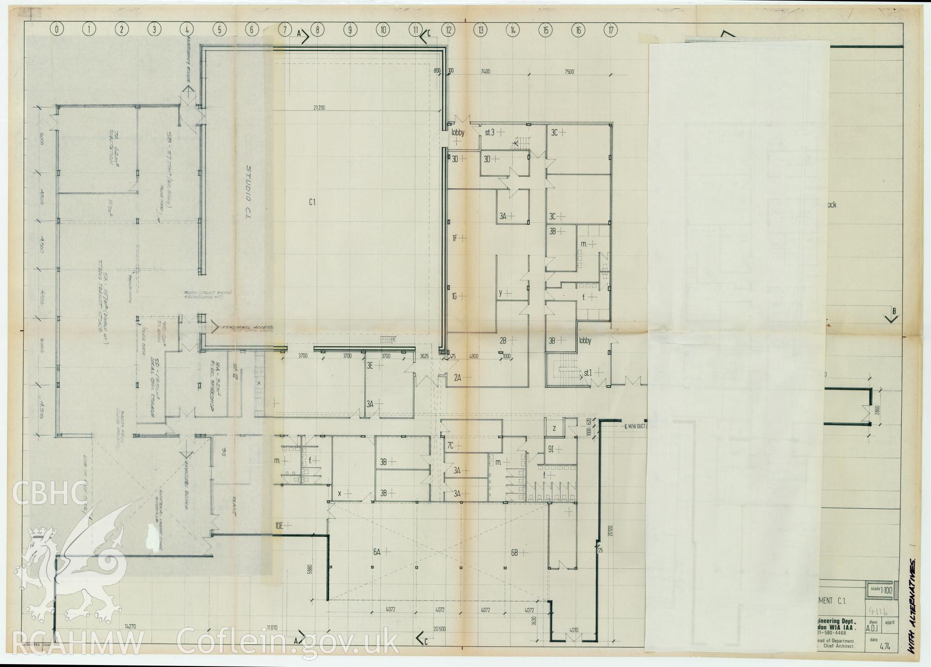 Digitised drawing plan of Llandaff production studio C1 - Colour TV development. Ground floor plan. Drawing no. 411b, April 1974.