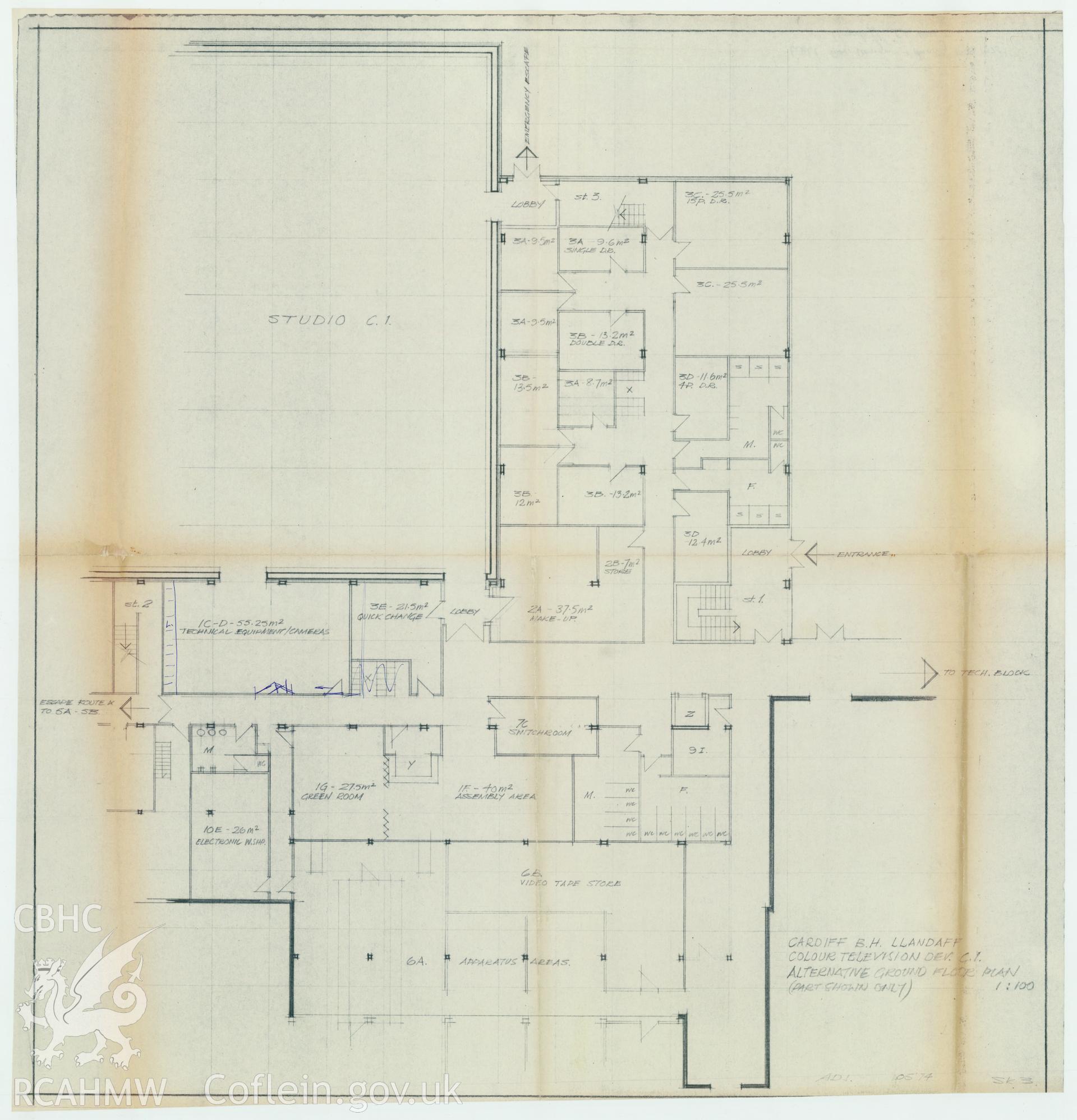 Digitised drawing plan of Llandaff production studio C1 - Colour TV Development, alternative ground floor plan. Drawing no. AD1 SK3. May 1974.