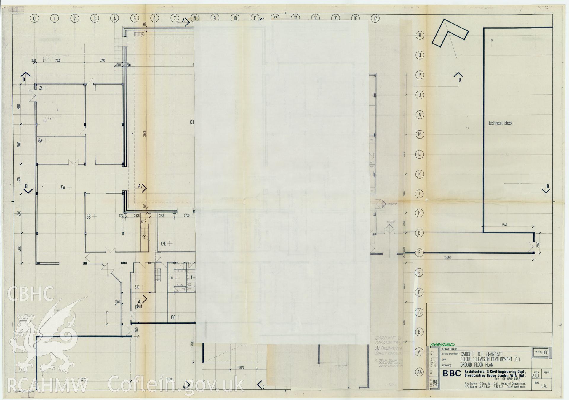 Digitised drawing plan of Llandaff production studio C1 - Colour TV Development, alternative 2 ground floor plan. Drawing no. 411c amended. May 1974.