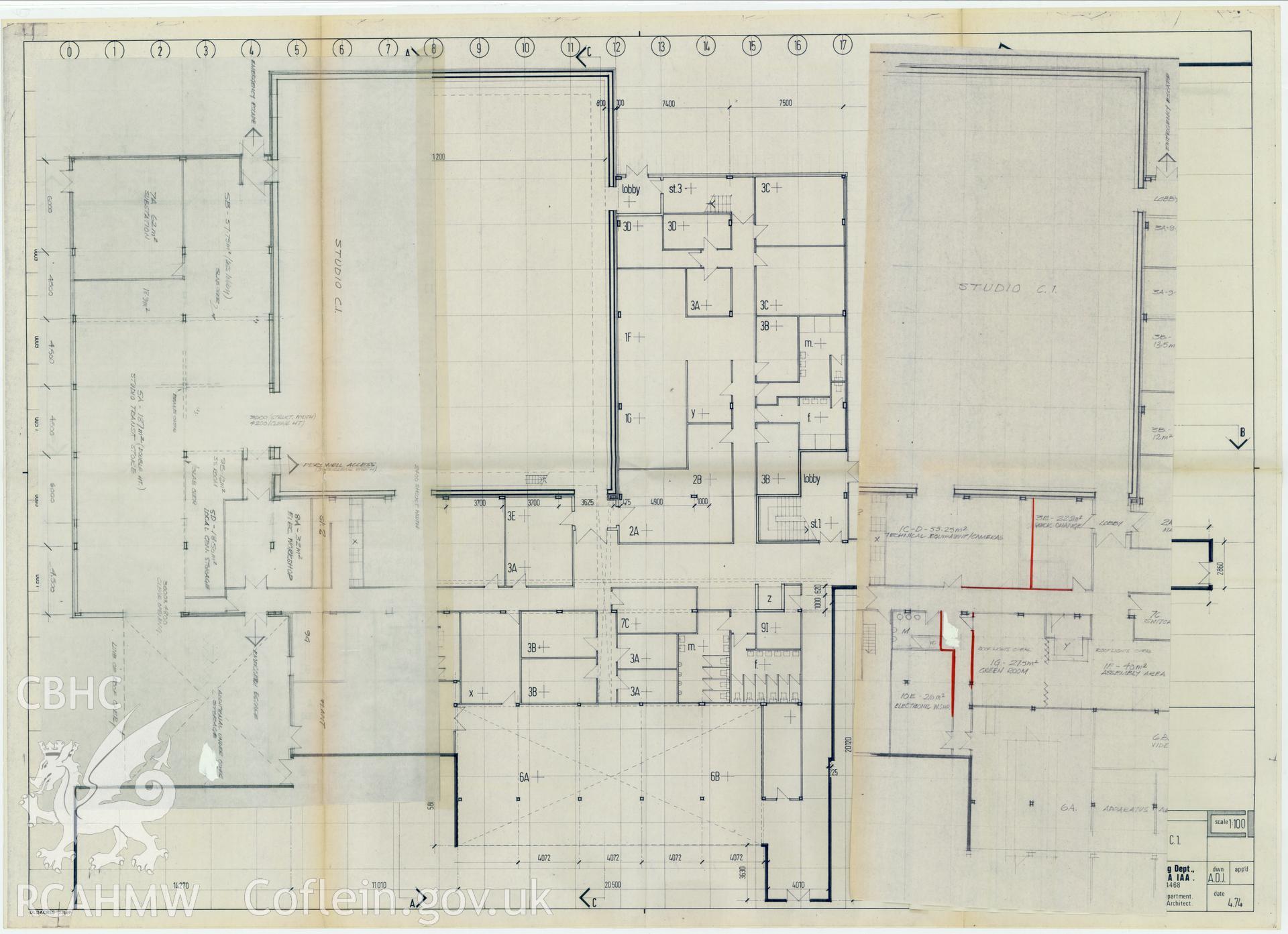 Digitised drawing plan of Llandaff production studio C1 - Colour TV Development, alternative 4 ground floor plan. Drawing no. 411f amended. May 1974.