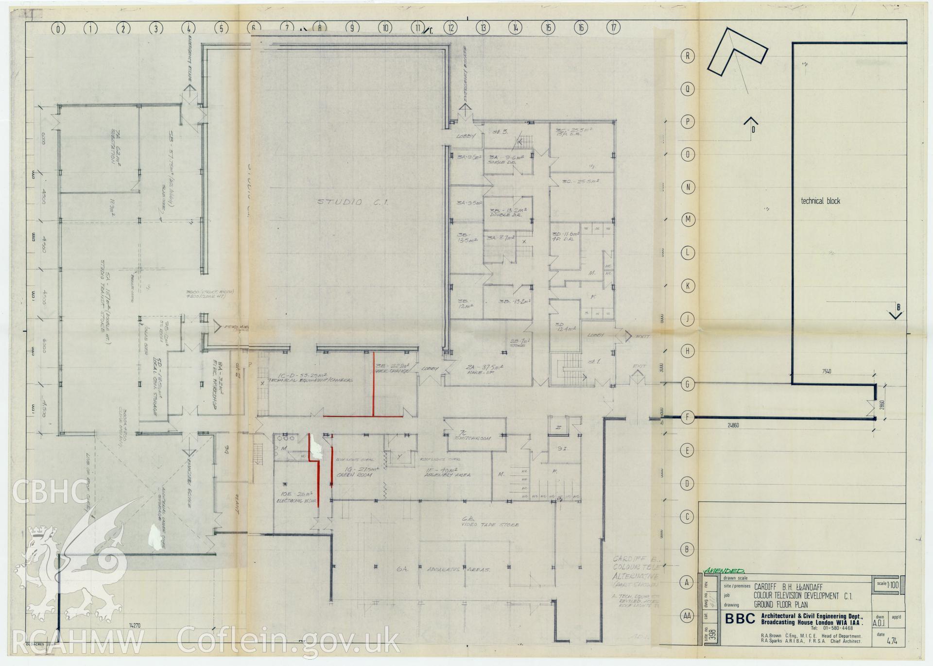 Digitised drawing plan of Llandaff production studio C1 Colour TV Development - Alternative 5 ground floor plan. Drawing no. 411g amended. May 1974.