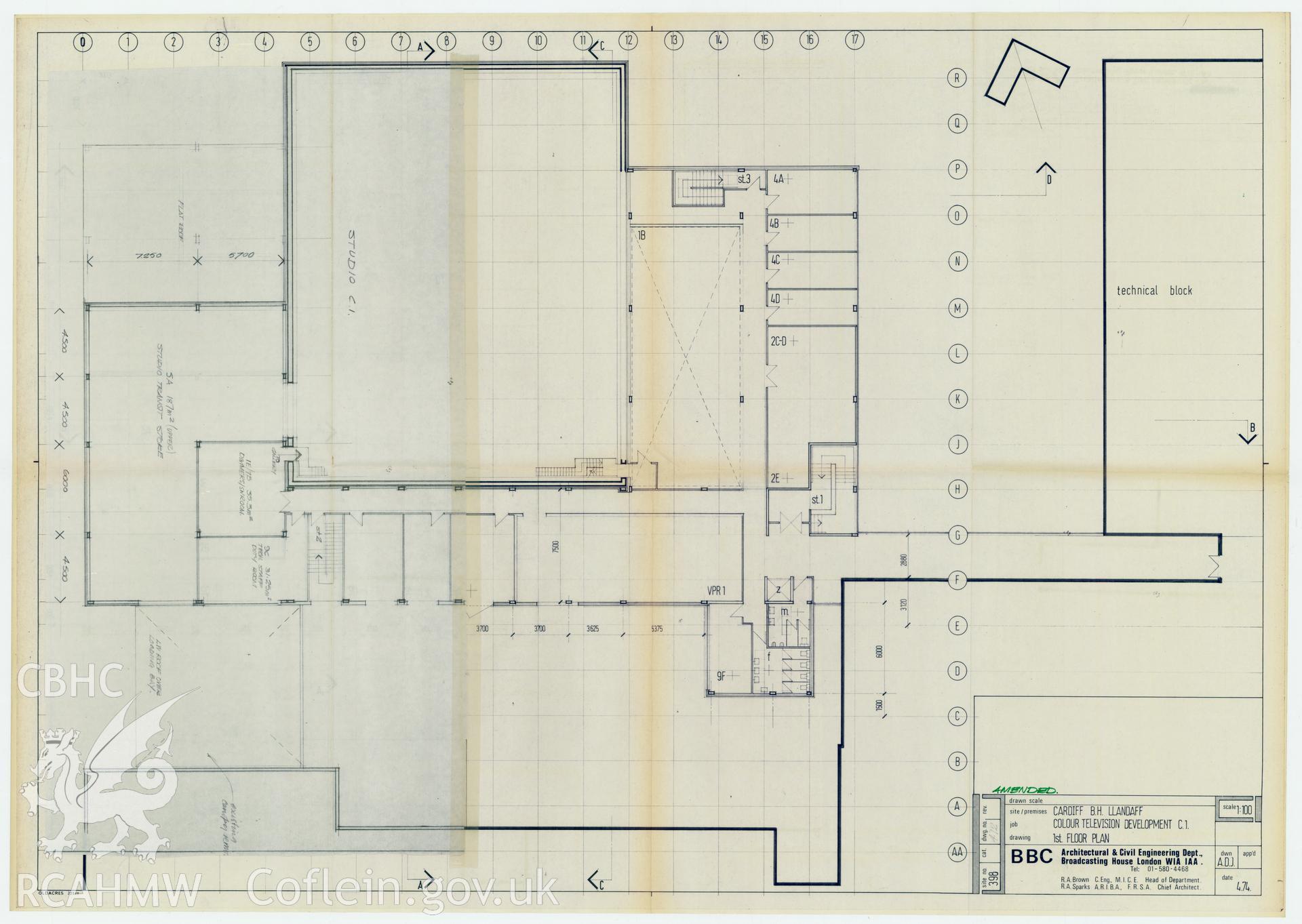 Digitised drawing plan of Llandaff production studio C1 Colour TV Development - First floor plan. Drawing no. 412d. May 1974.