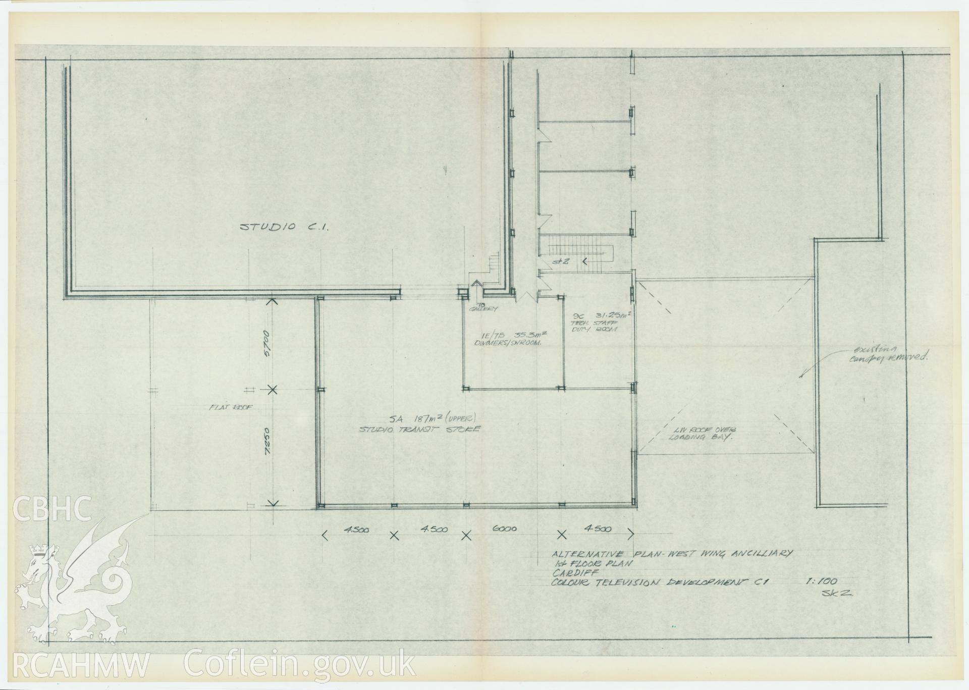 Digitised drawing plan of Llandaff production studio C1 Colour TV Development - first floor plan of the west wing ancillary unit. Drawing no. SK2. May 1974.