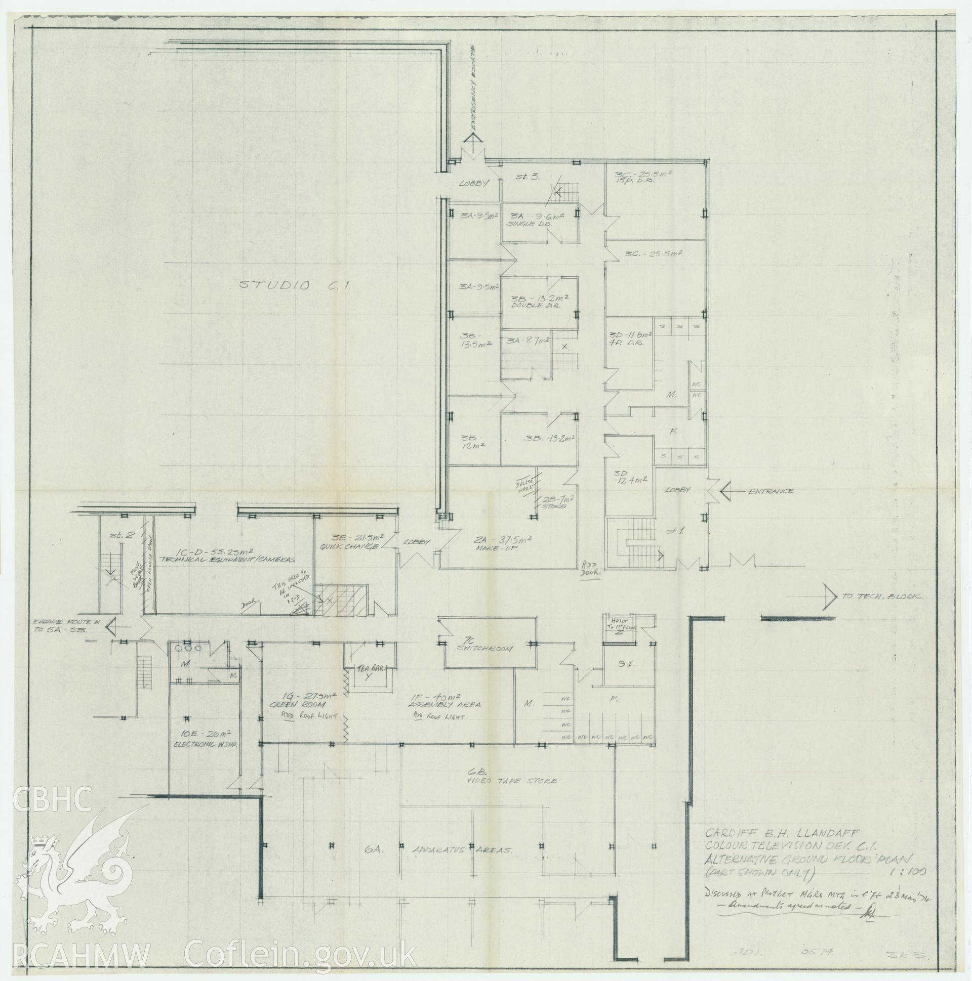 Digitised drawing plan of Llandaff production studio C1 Colour TV Development - alternative drawing of the ground floor plan of the west wing ancillary unit. Drawing no. SK3. May 1974.