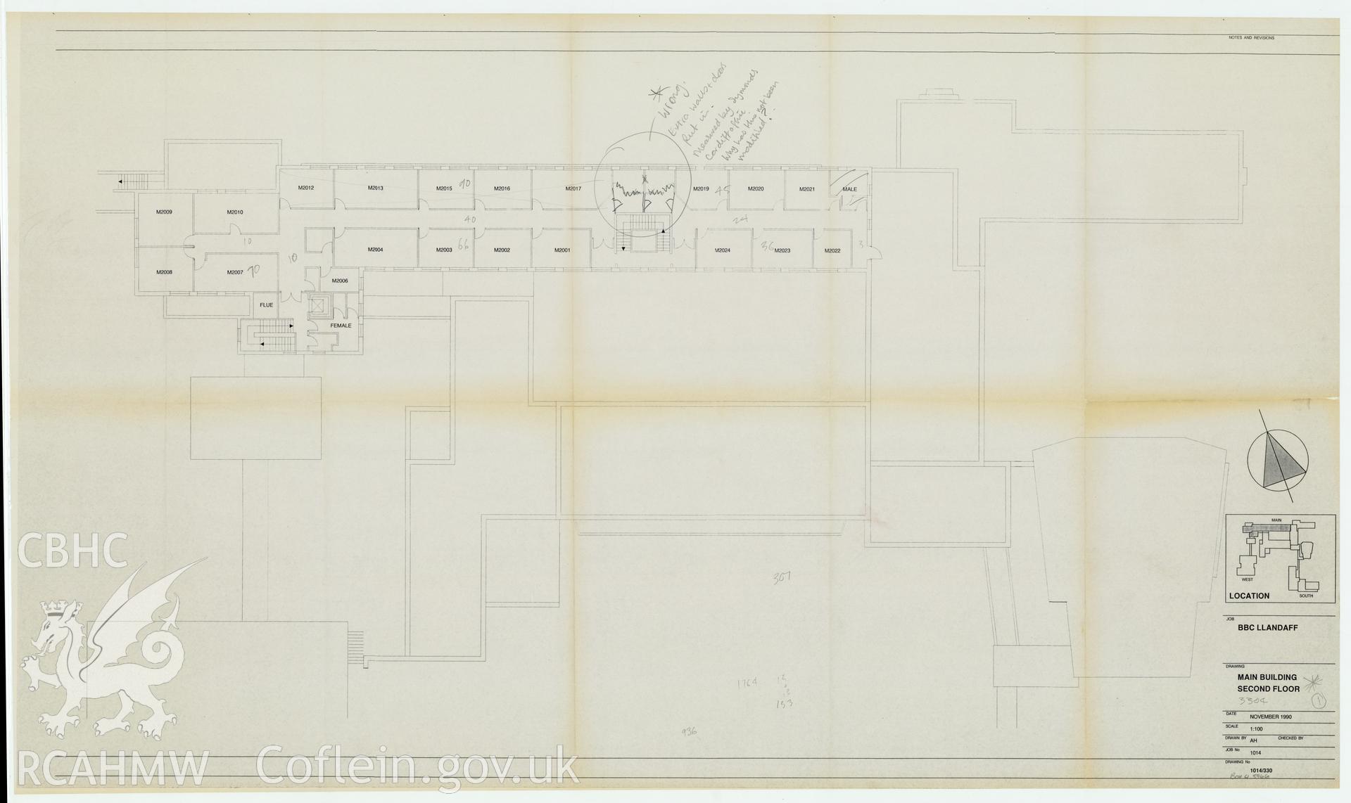 Digitised drawing plan of BBC Llandaff main building - drawing of the second floor plan. Drawing no. 1014/330, November 1990.