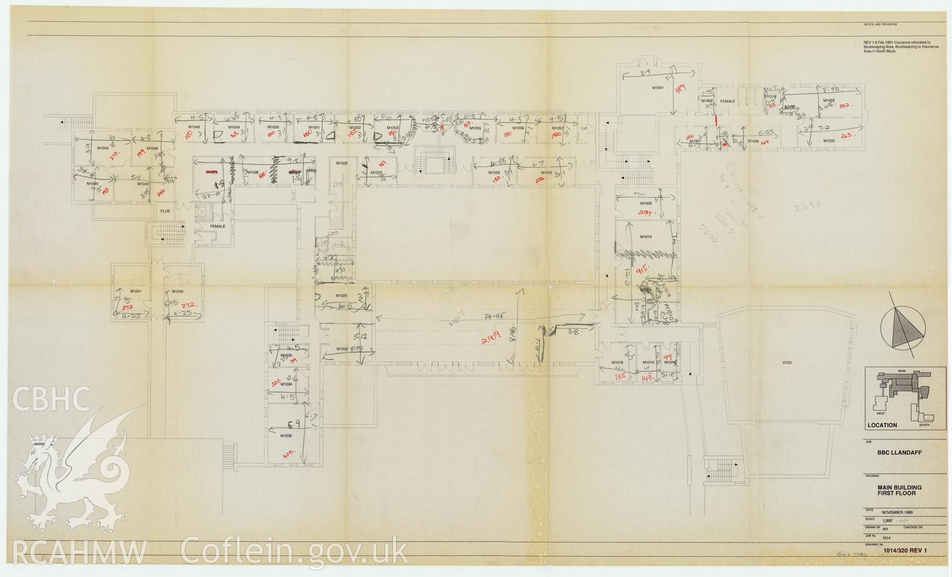 Digitised drawing plan of BBC Llandaff main building - drawing of the first floor plan. Drawing no. 1014/320, Rev.1. November 1990.