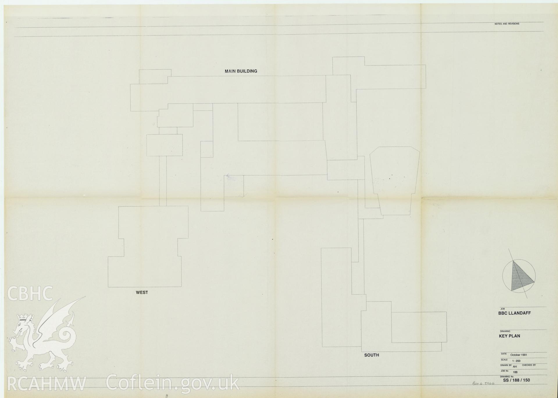 Digitised drawing plan of BBC Llandaff  - drawing of the key plan. Drawing no. SS/188/150. October 1991.