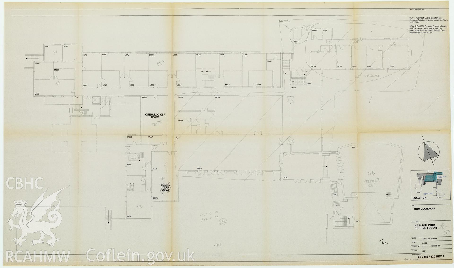 Digitised drawing plan of BBC Llandaff  - drawing of the main building, ground floor plan. Drawing no. SS/188/120. November 1990.