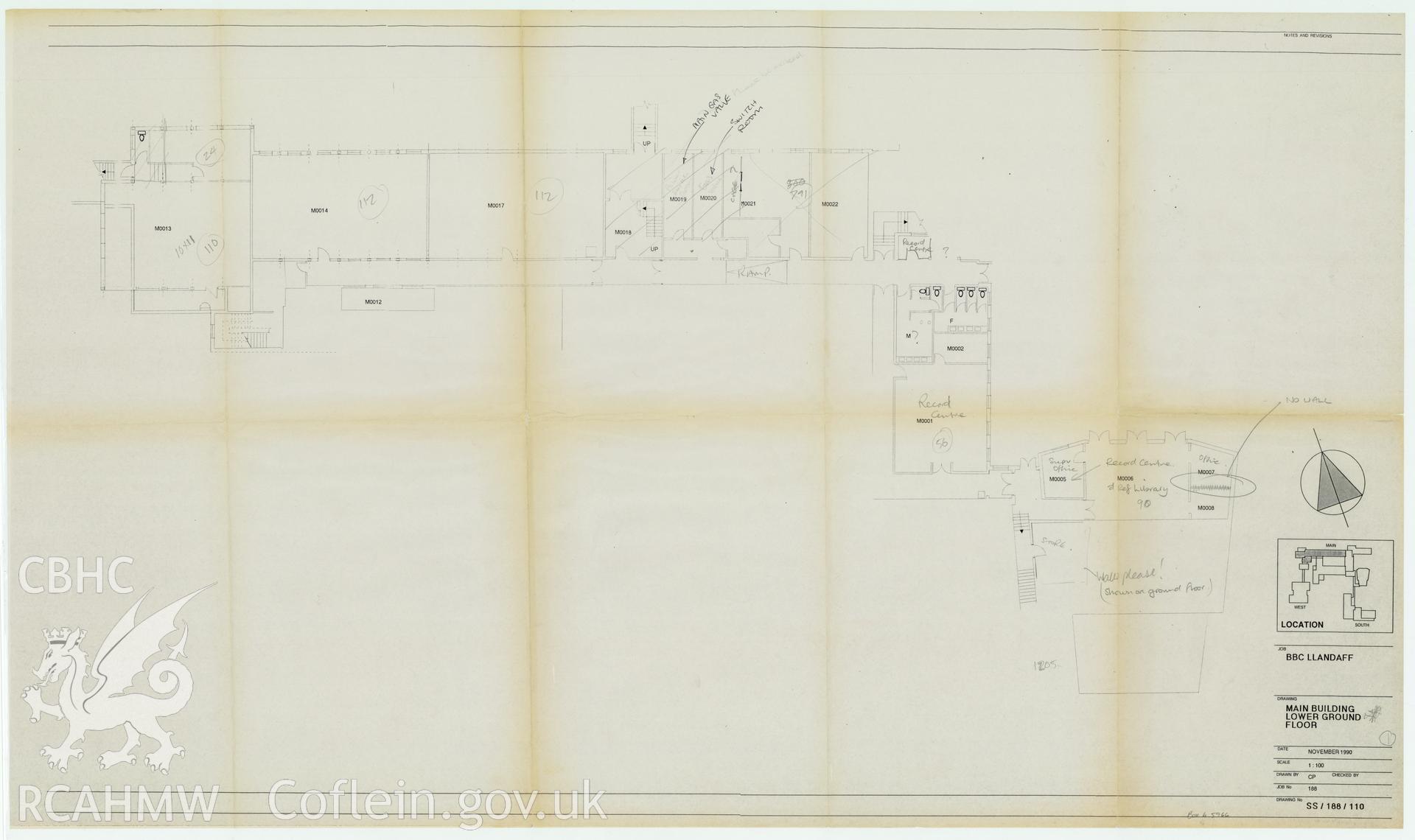 Digitised drawing plan of BBC Llandaff  - drawing of the main building, lower ground floor plan. Drawing no. SS/188/110. November 1990.