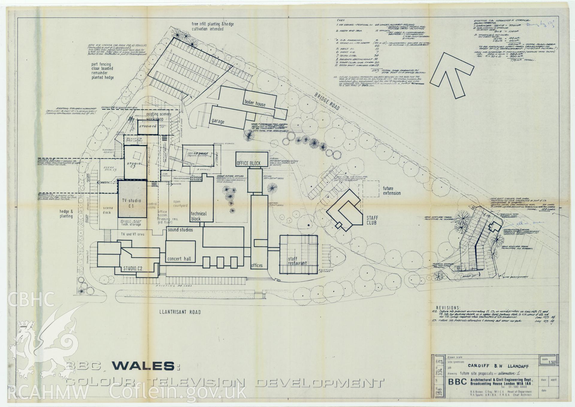 Digitised drawing plan of BBC Llandaff  - HQ development. Drawing no. 334 (R3). December 1976.