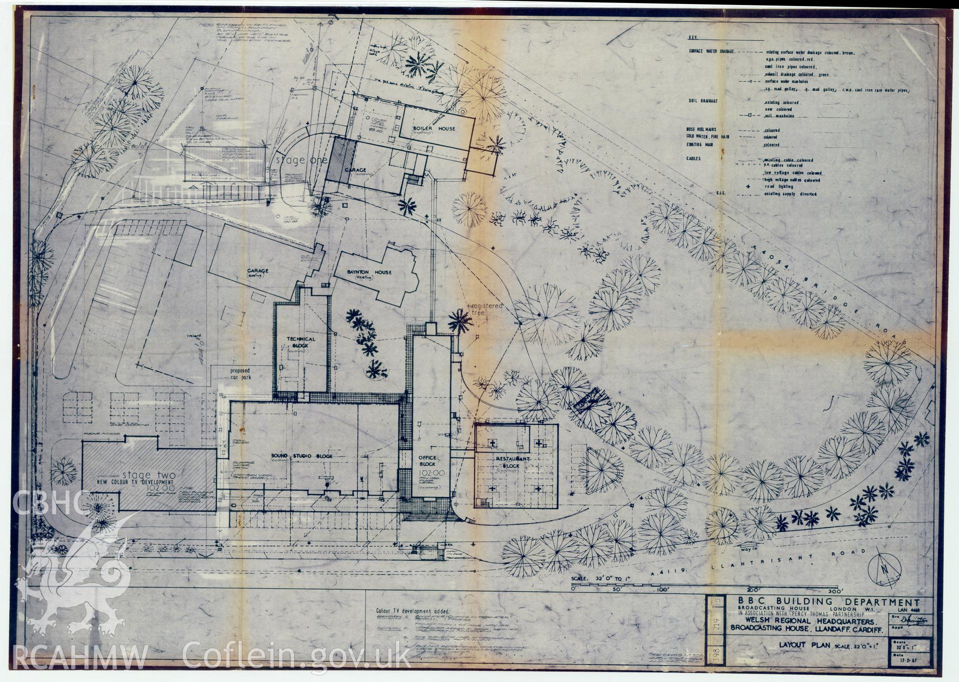 Digitised drawing plan of BBC Llandaff  - site layout plan. Drawing no. 219 Rev5. February 1967.