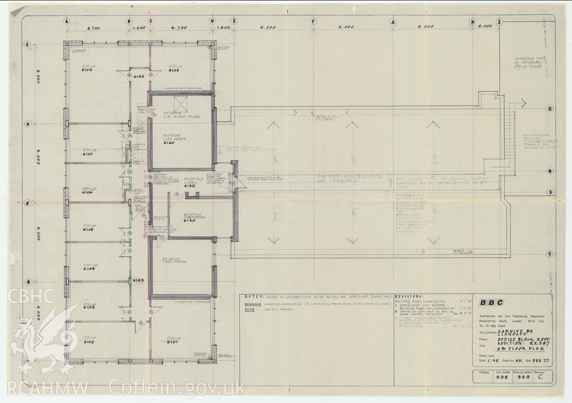 Digitised drawing plan of BBC Llandaff  - office block roof addition: RR587, sixth floor plan. Drawing no. 949 RevC. December 1977.