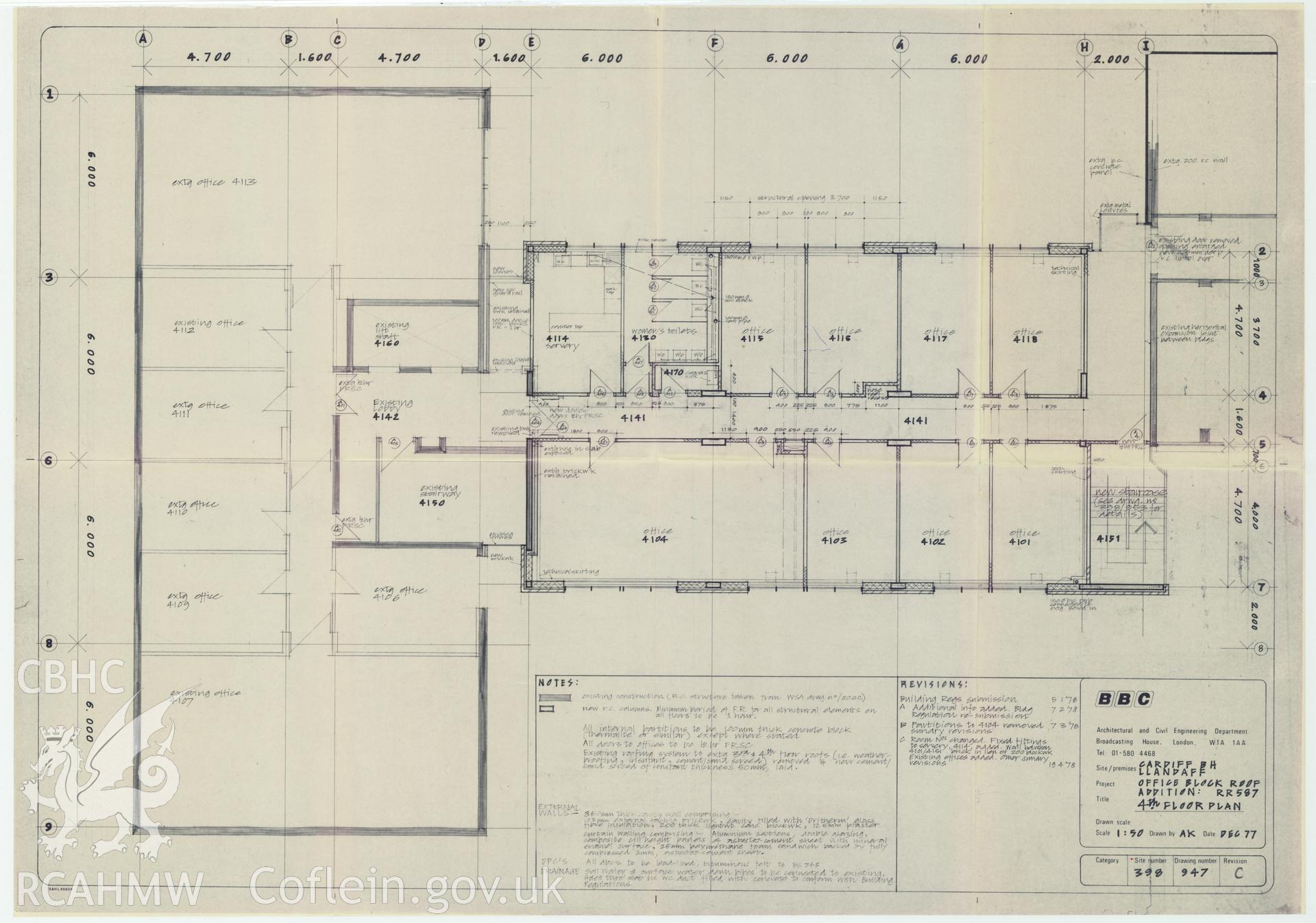 Digitised drawing plan of BBC Llandaff  - office block roof addition: RR587, fourth floor plan. Drawing no. 947 RevC. December 1977.