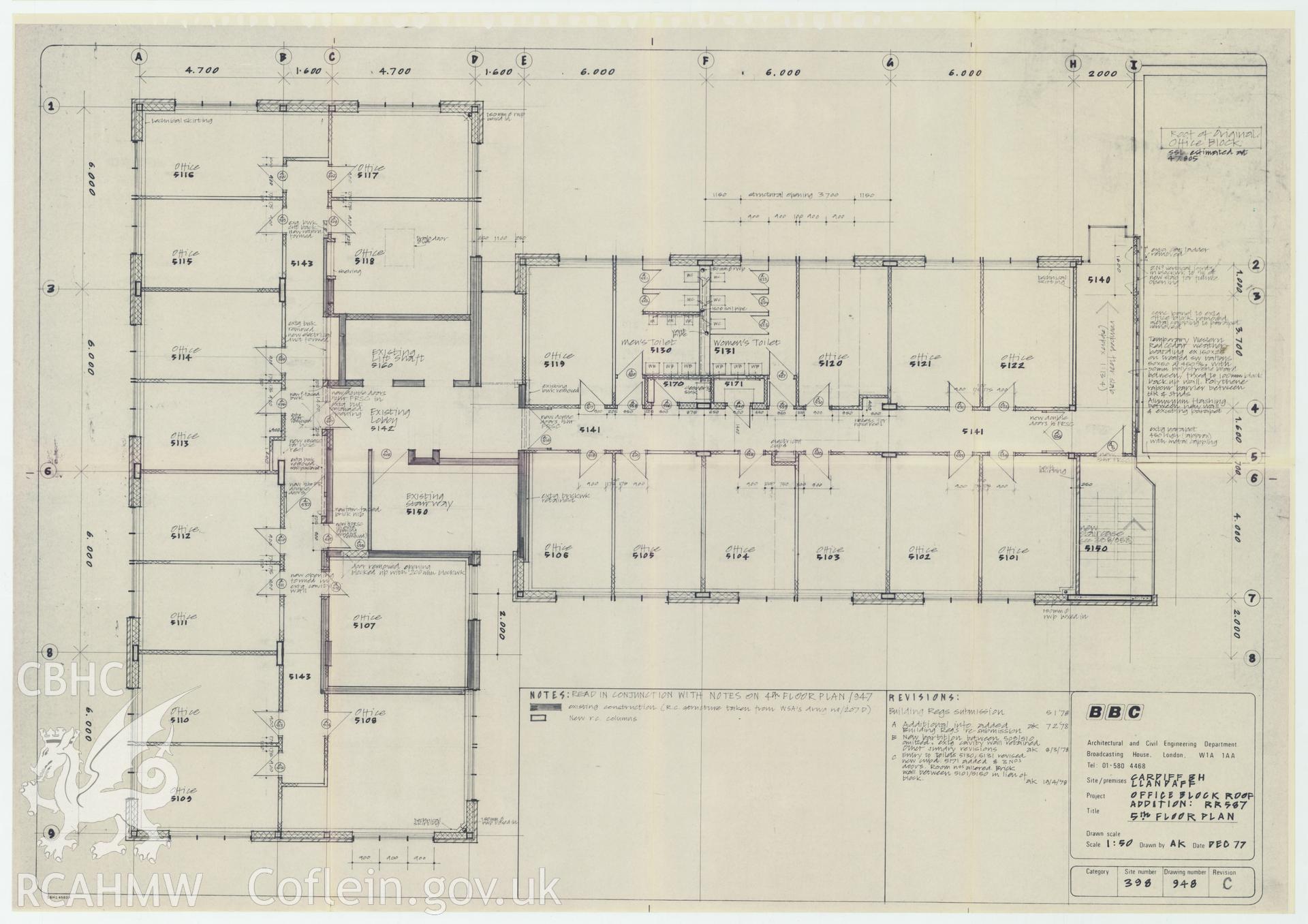 Digitised drawing plan of BBC Llandaff  - office block roof addition: RR587, fifth floor plan. Drawing no. 948 RevC. December 1977.