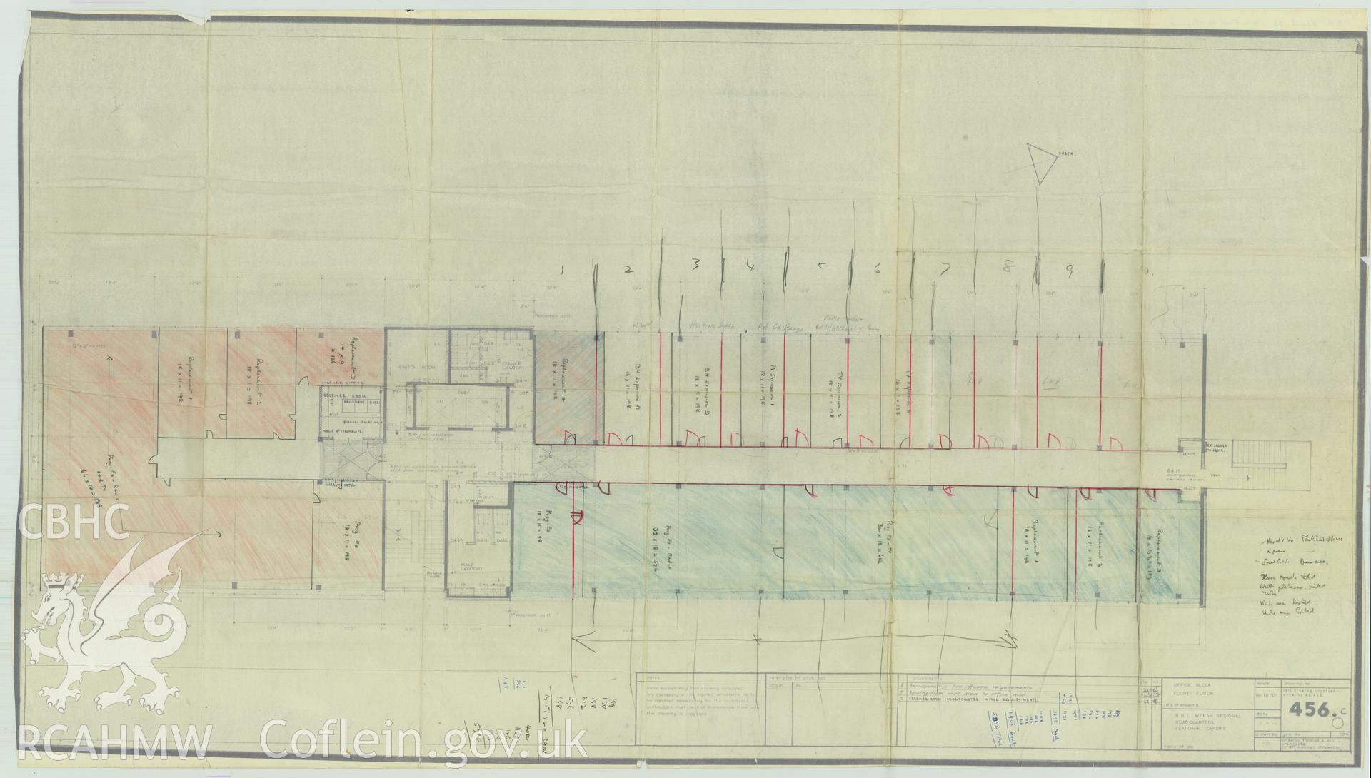 Digitised drawing plan of BBC Llandaff  - office block, fourth floor plan. Drawing no. 406/456.c.. January 1964.
