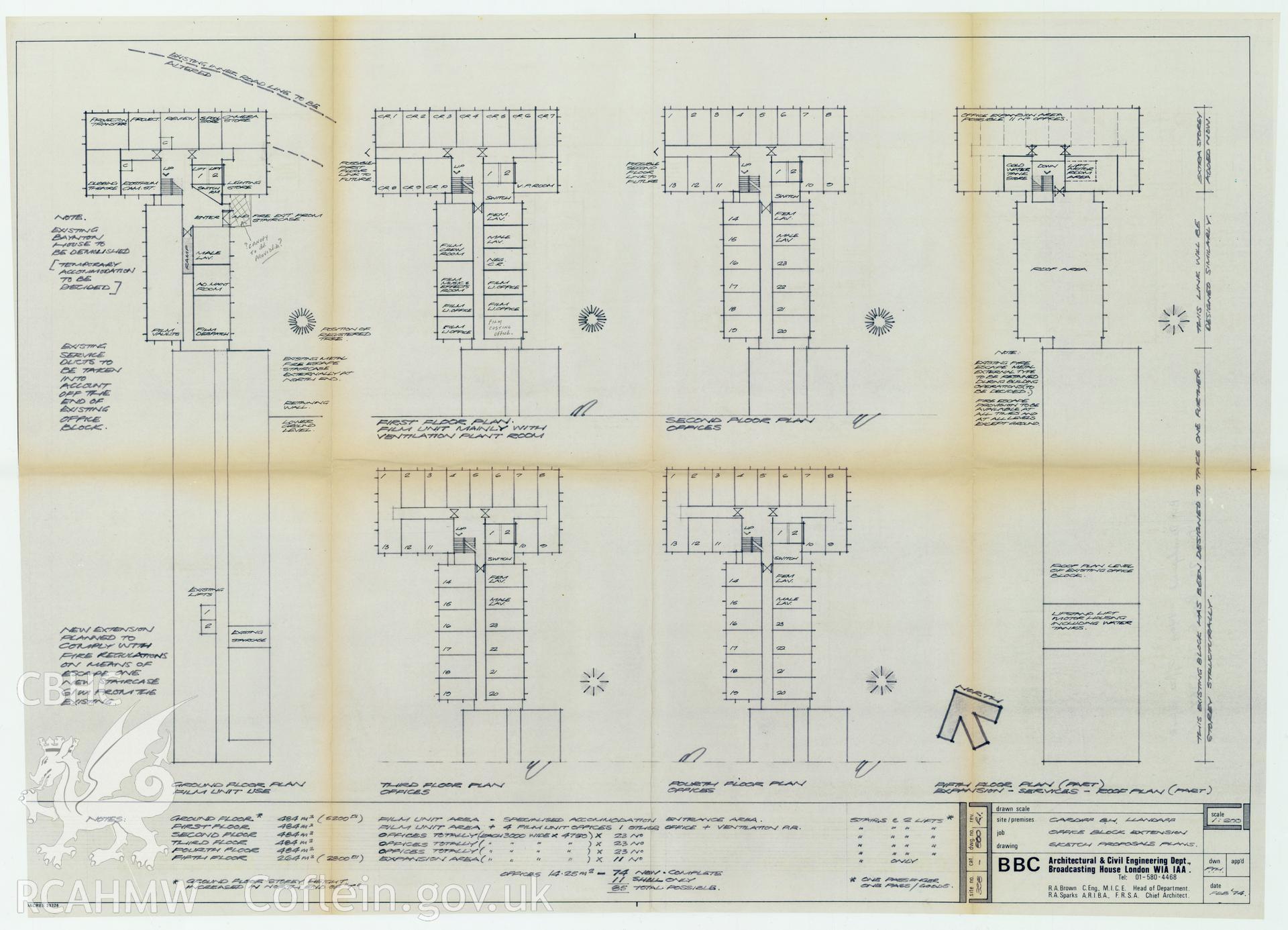 Digitised drawing plan of BBC Llandaff  - office block extension sketch proposals part fifth floor plan expansion. Drawing no. 800 Rev1. February 1974.
