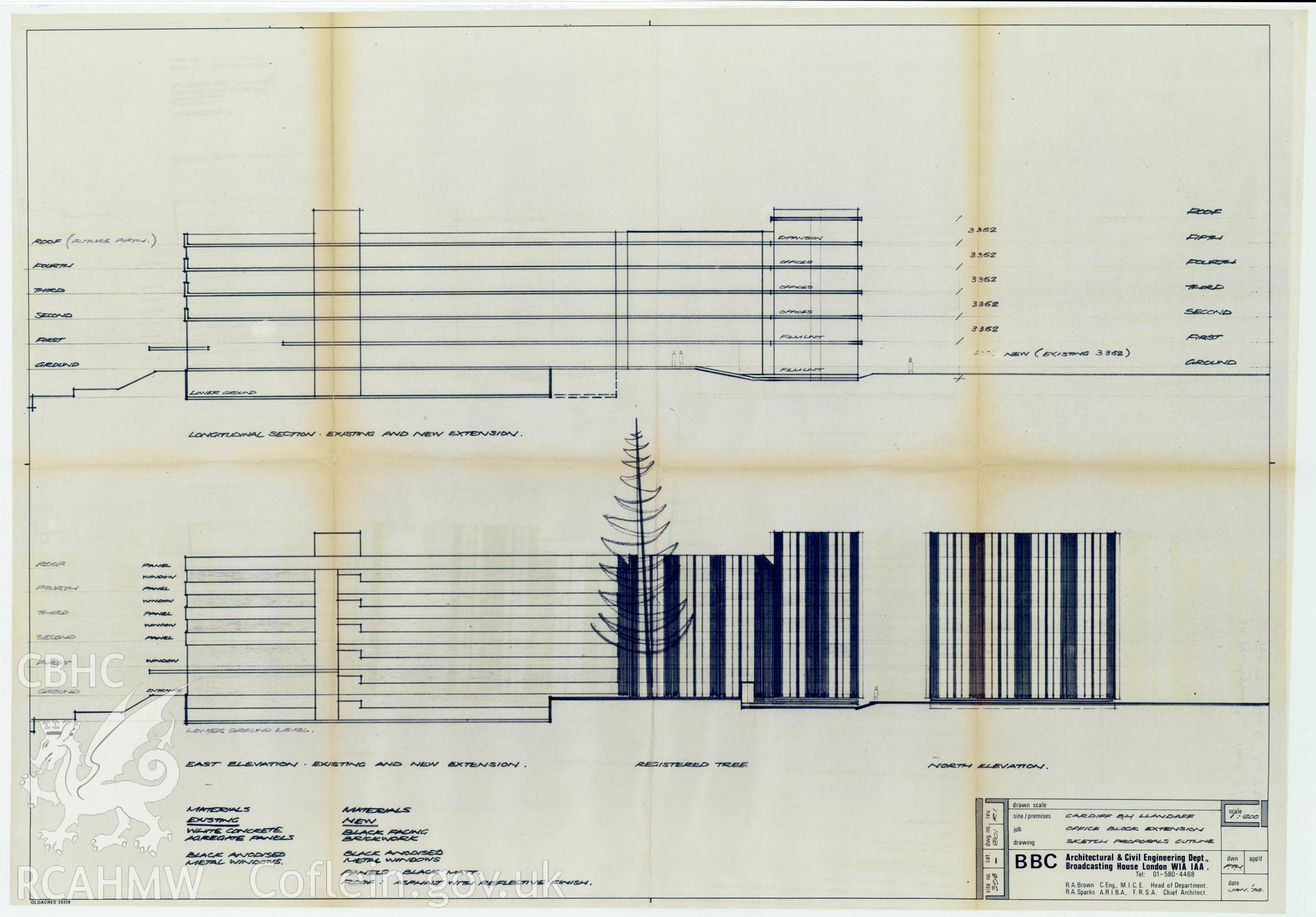 Digitised drawing plan of BBC Llandaff  - office block extension sketch proposals for east elevation. Drawing no. 801 Rev1. January 1974.