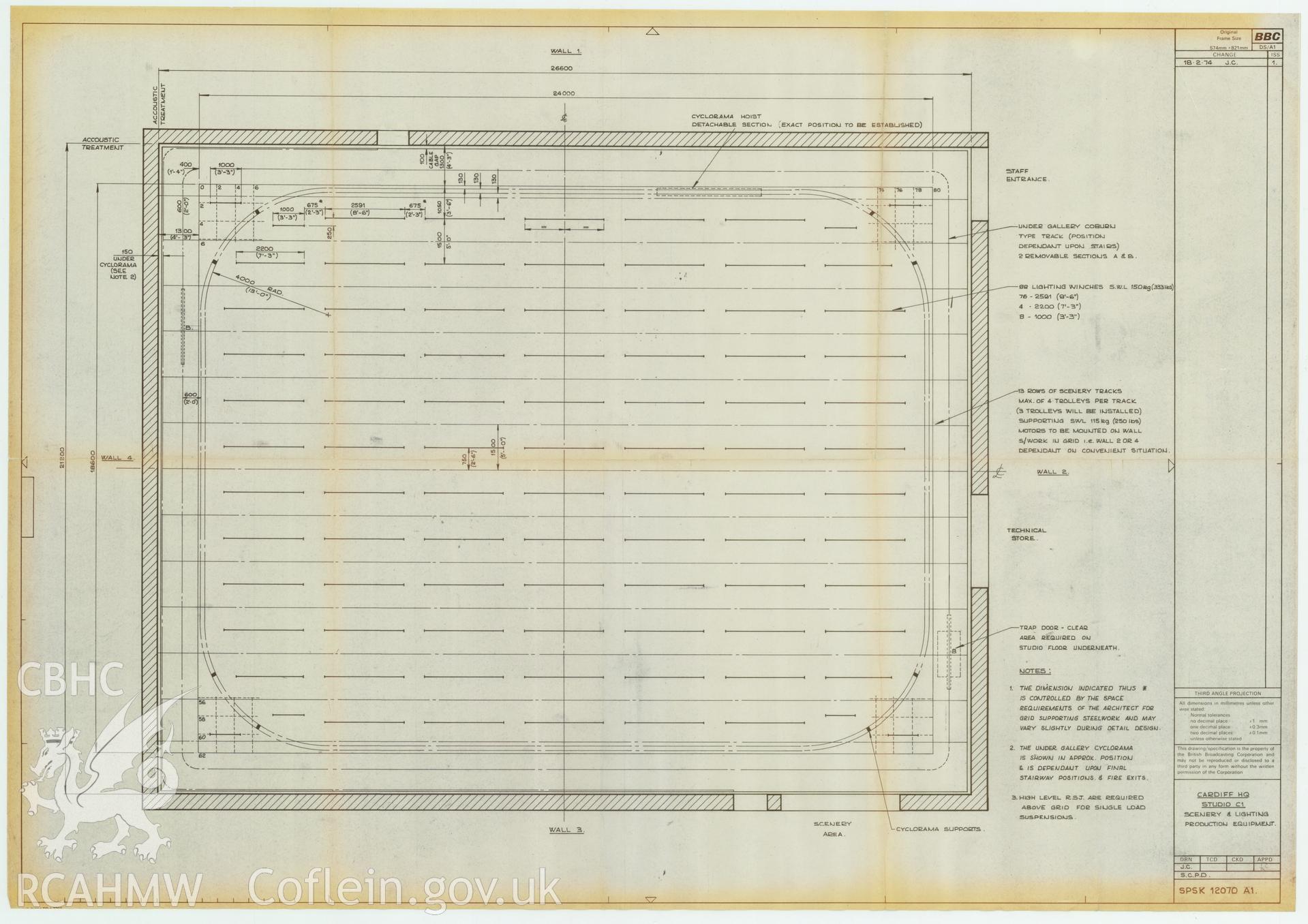 Digitised drawing plan of BBC Llandaff  - C1 Sudio Development, scenery and lighting layout. Drawing no. SPSK 12070A1. February 1974.