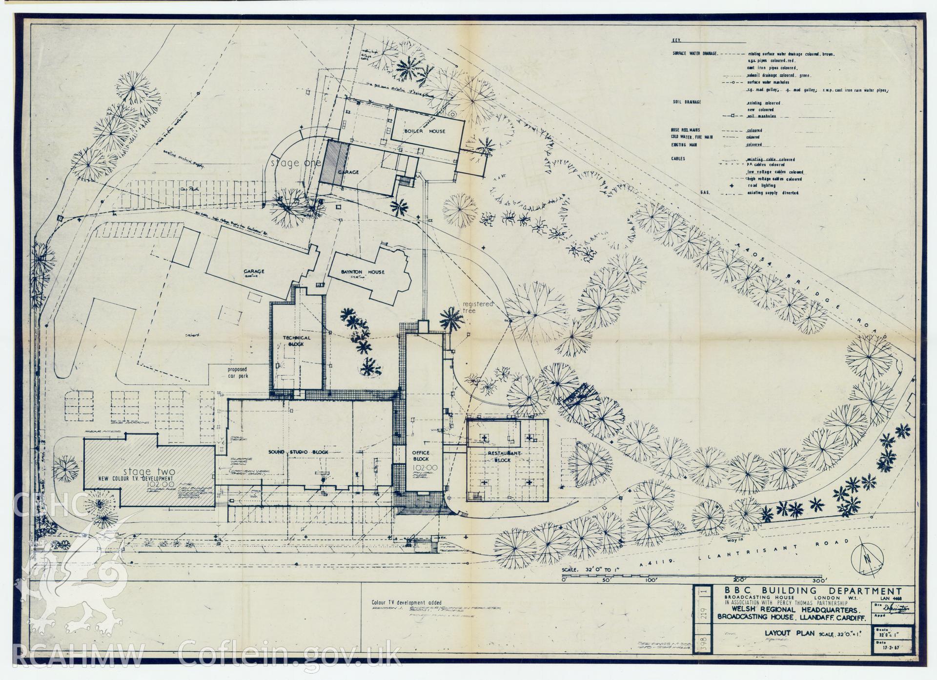 Digitised drawing plan of BBC Llandaff  - site layout plan. Drawing no.219 Rev1. February 1967.