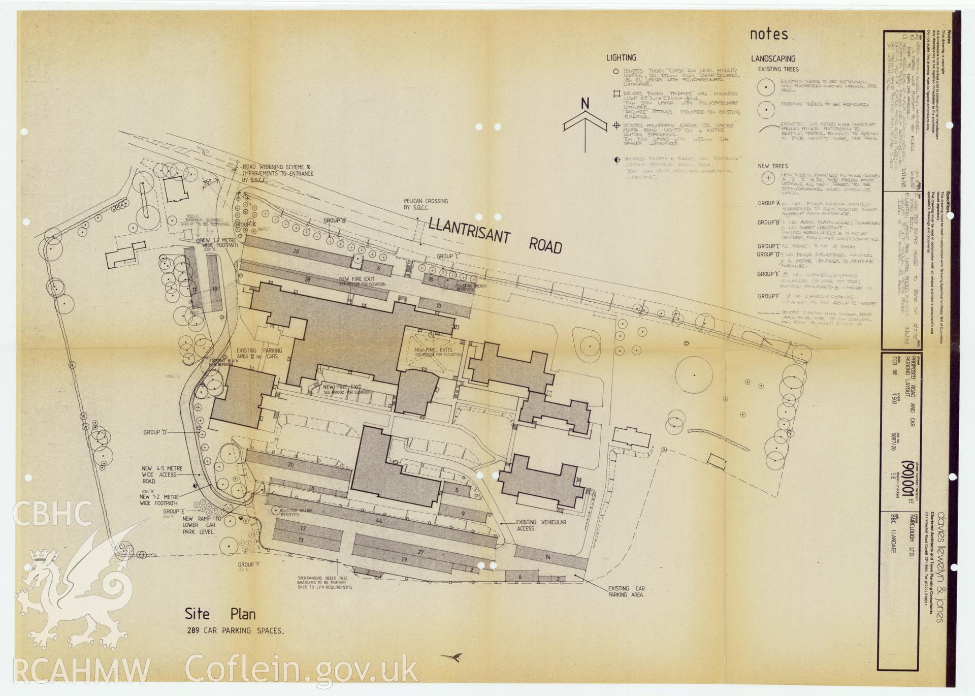 Digitised drawing plan of BBC Llandaff  - site plan of proposed road and car parking and list of trees in the landscape. Drawing no.0887/20. February 1988.