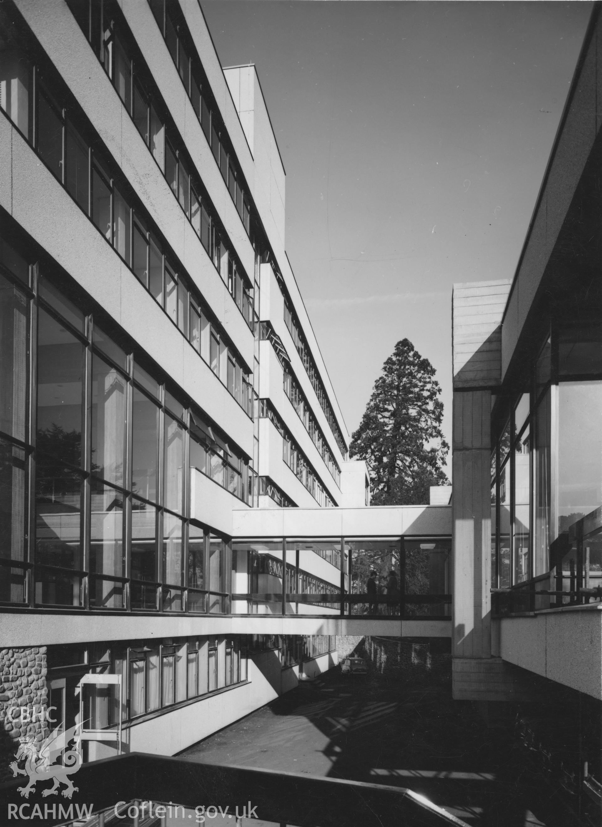 Cardiff Broadcasting House, Llandaff - exterior view of office block link bridge, taken in 1967 by Hylton Warner & Co.