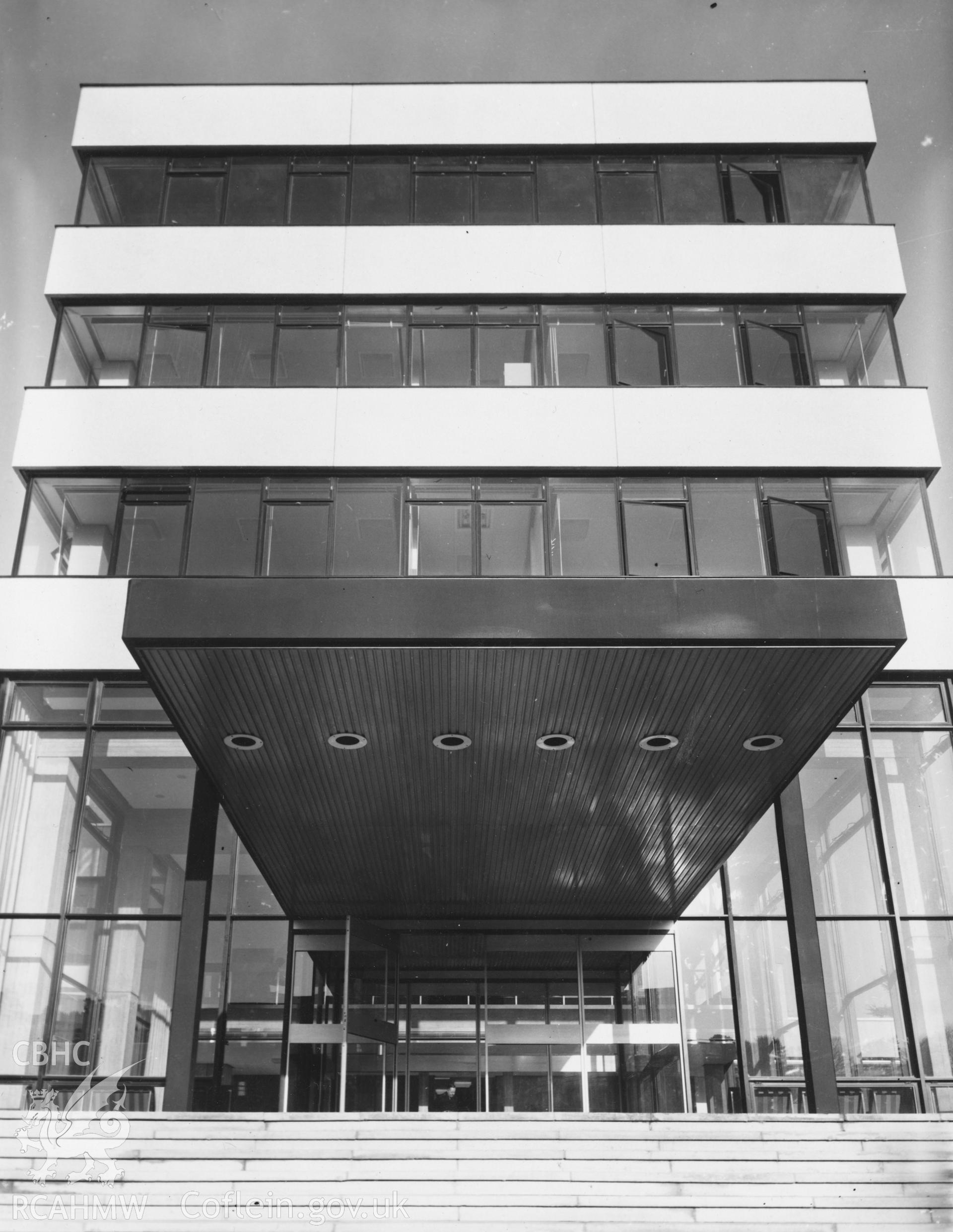 Cardiff Broadcasting House, Llandaff - exterior view of main entrance, taken in 1967 by Hylton Warner & Co.