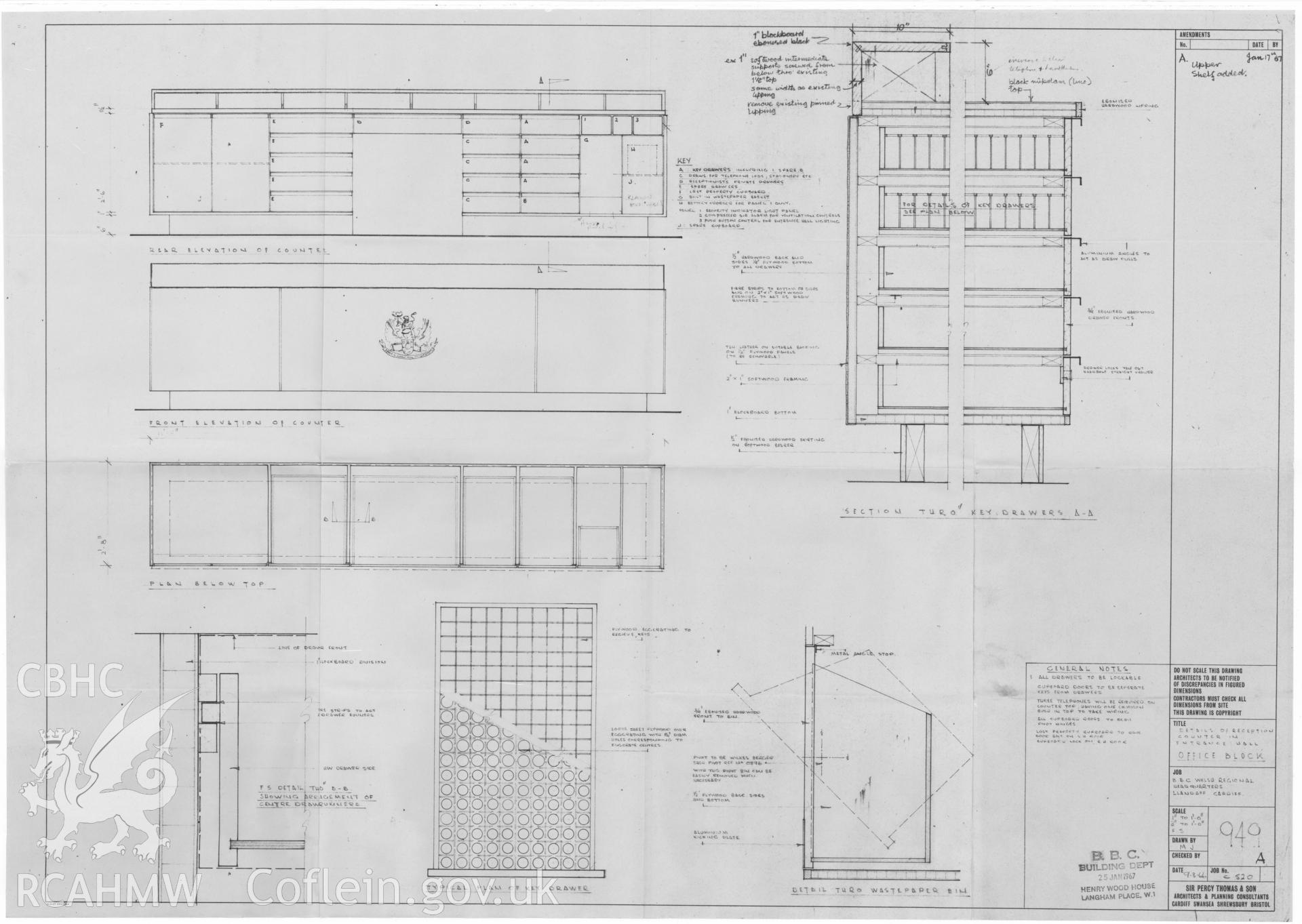 Cardiff Broadcasting House, Llandaff - furnishing details of the office block reception hall. Drawing No. 949A.