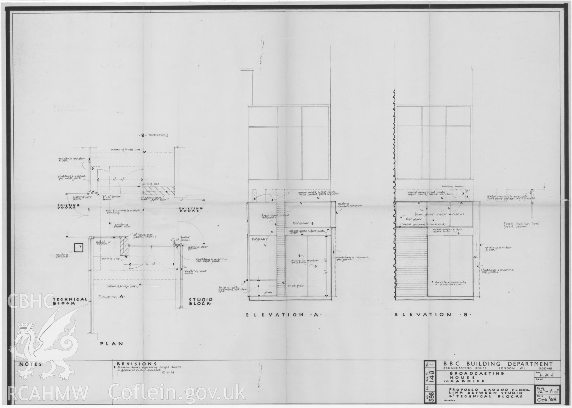 Cardiff Broadcasting House, Llandaff - plan and elevation drawing of the proposed ground floor link between studios, October 1968. Drawing No.148.