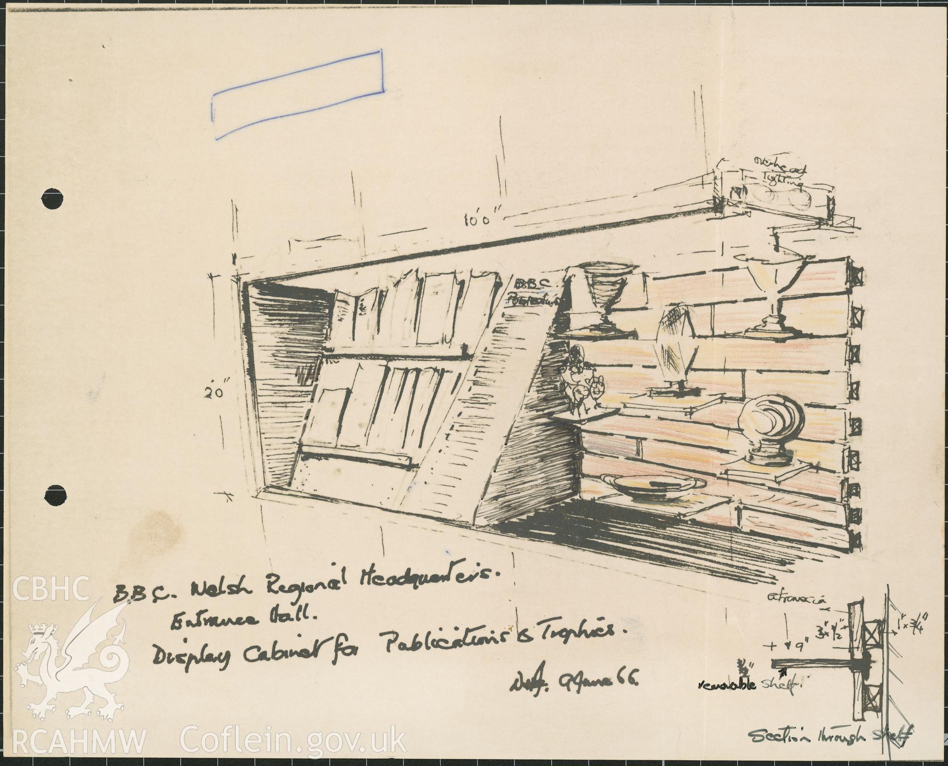Cardiff Broadcasting House, Llandaff - illustration details of entrance hall display cabinet, 1966.