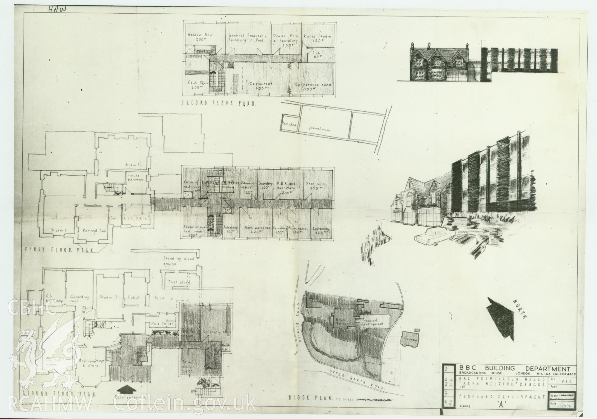 BBC building, Bryn Meirion - a block plan of proposed development A. Drawing No. 46/116. July 1971.