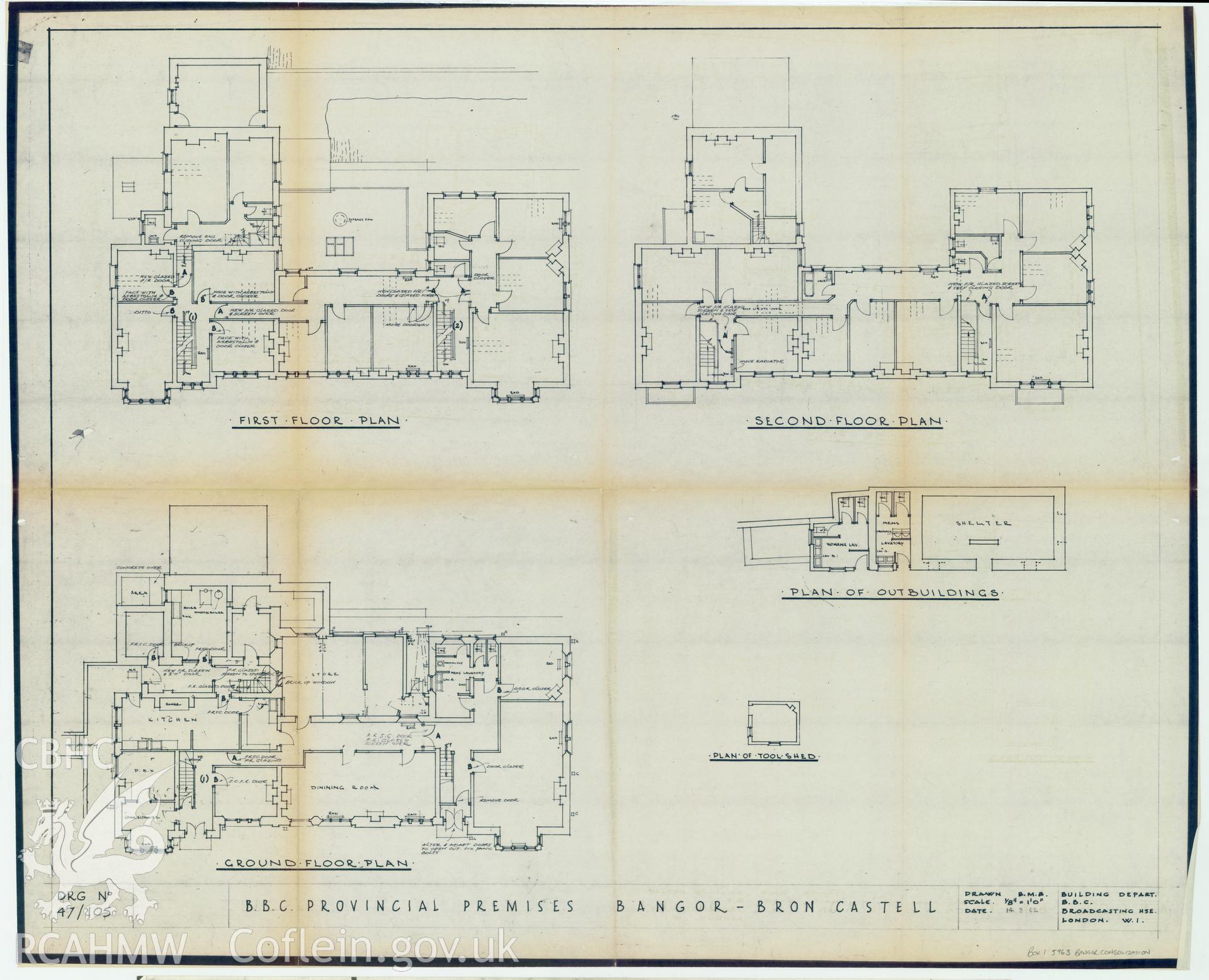 BBC building, Bron Castell, Bangor - a block plan of the provisional premises. Drawing No. 47/105. March 1962.