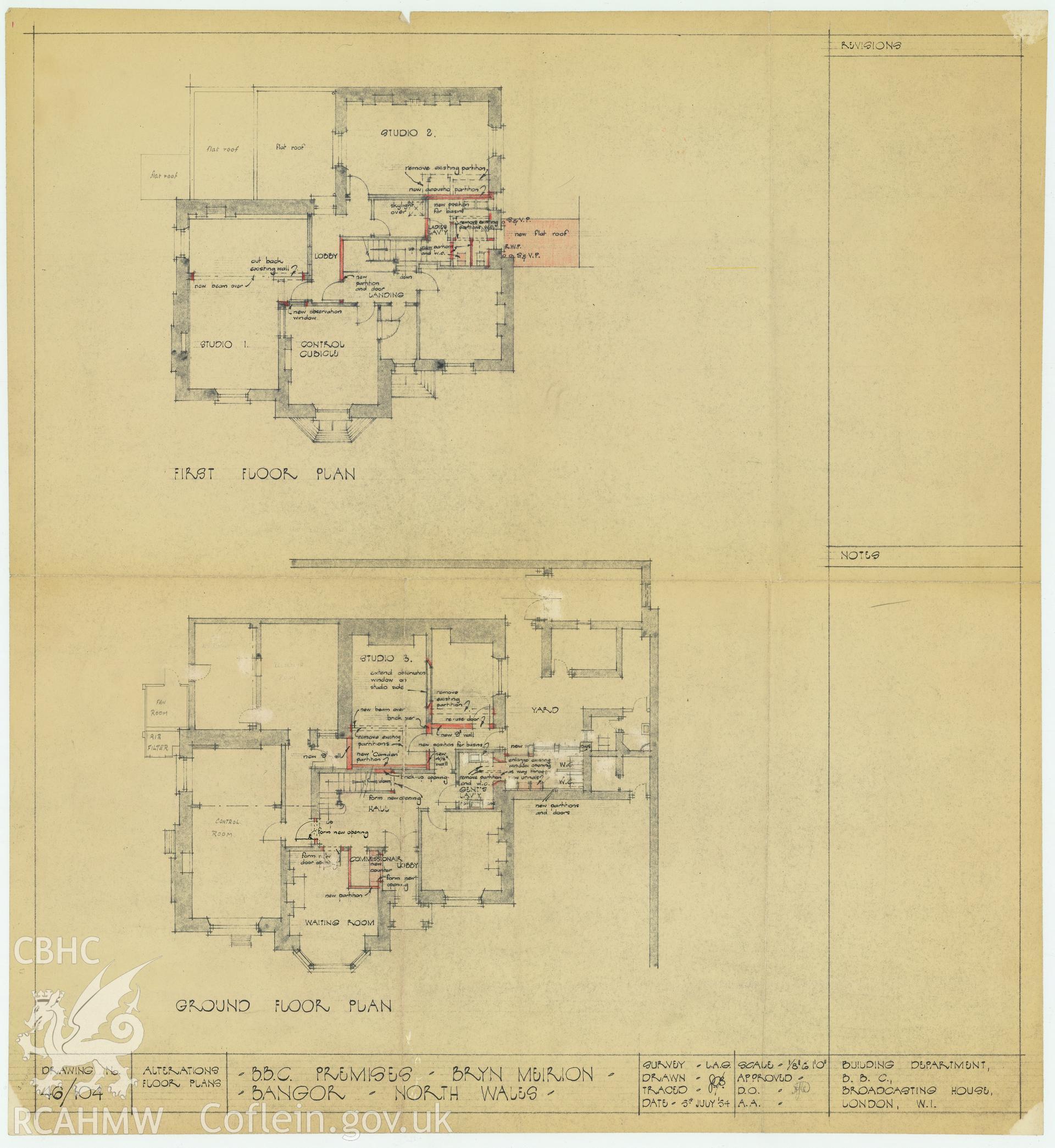 BBC premises, Broadcasting House, Bangor - ground and first floor plans of Bryn Meirion. Drawing No.46/104, July 1954.