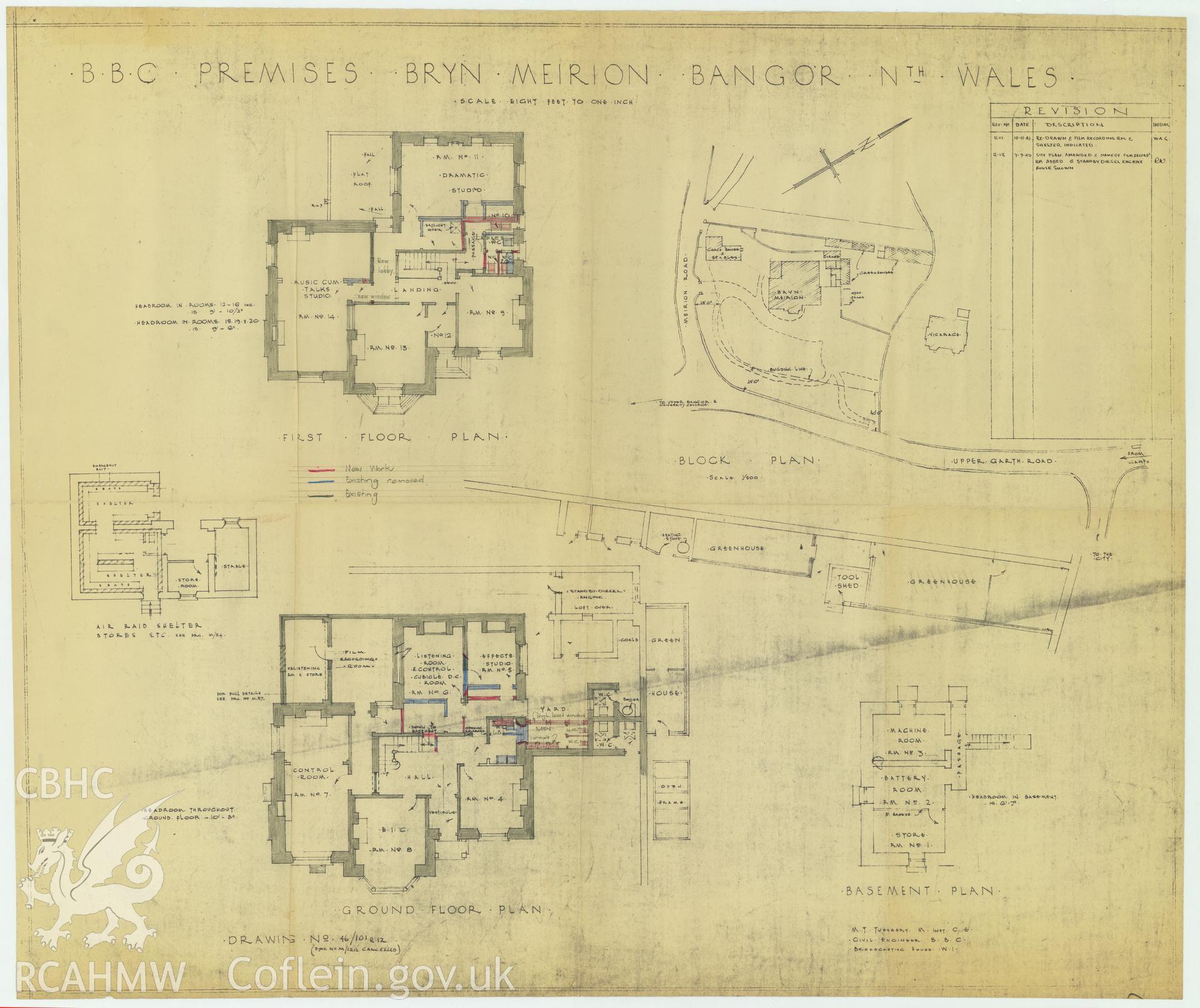 BBC premises, Broadcasting House, Bangor - block plan of Bryn Meirion. Drawing No.46/101 R12, September 1945.