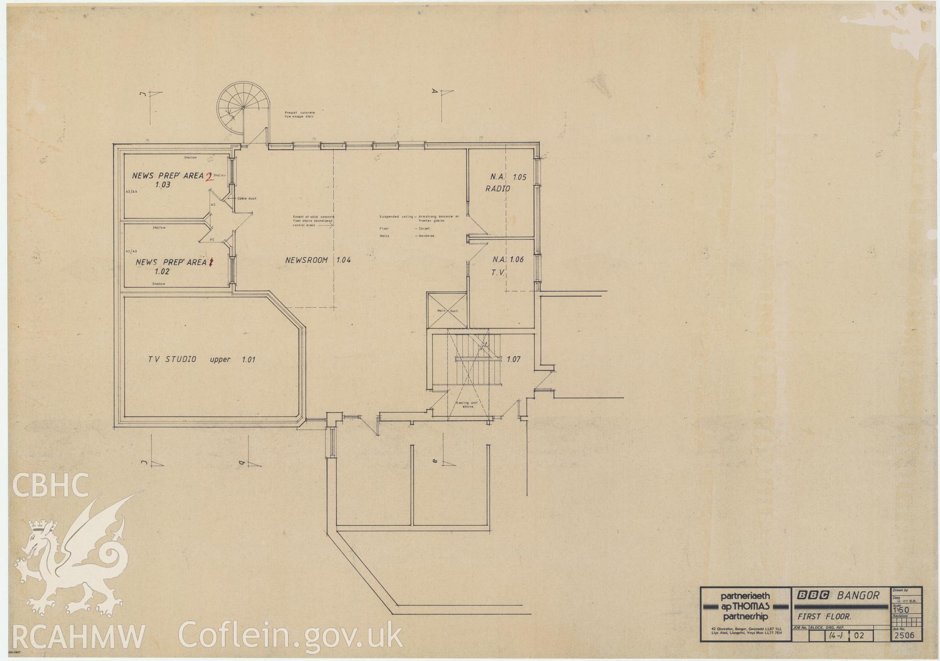 BBC premises, Broadcasting House, Bangor - first floor plan of Bryn Meirion. Drawing No. (4-1) 02, July 1988.