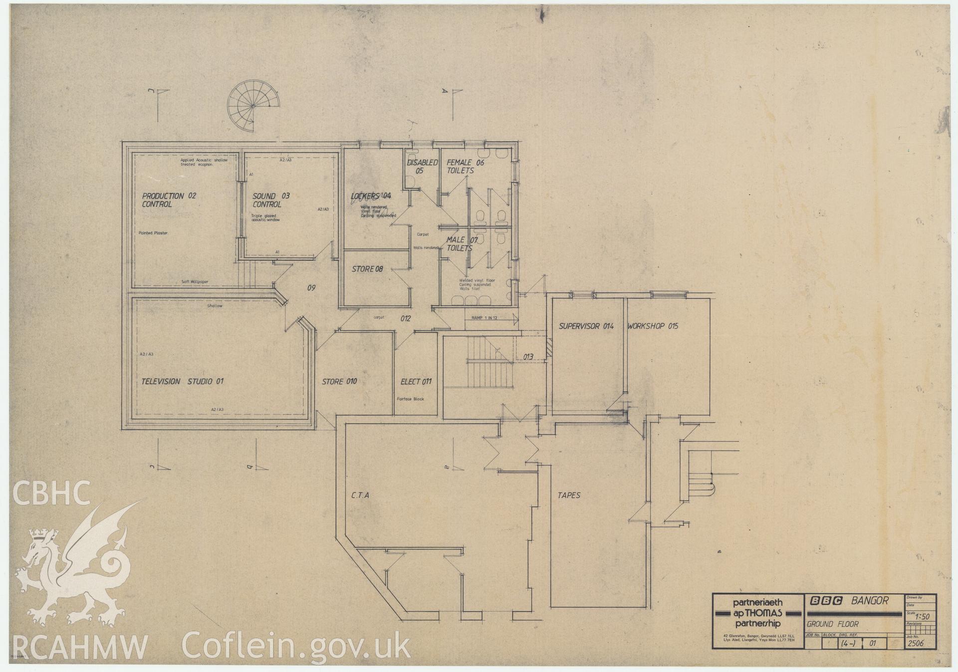 BBC premises, Broadcasting House, Bangor - ground floor plan of Bryn Meirion. Drawing No. (4-1) 01, July 1988.
