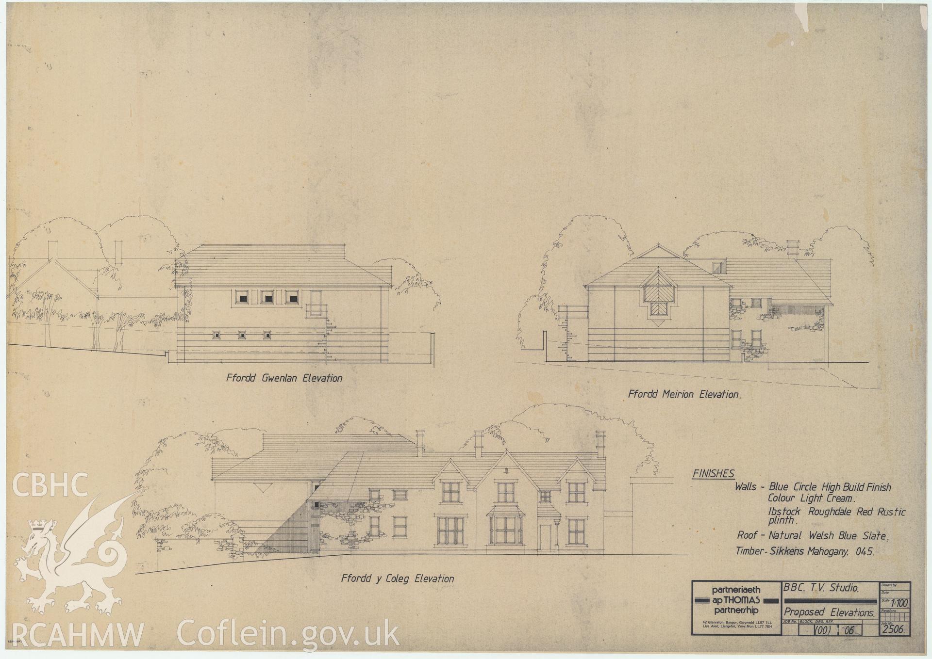 BBC premises, Broadcasting House, Bangor - elevation drawing proposals of Bryn Meirion. Drawing No. (00) 06, July 1988.