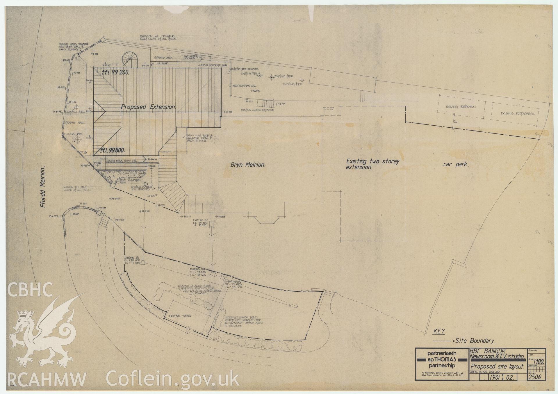 BBC premises, Broadcasting House, Bangor - site layout drawing of Bryn Meirion. Drawing No. (90) 02, July 1988.