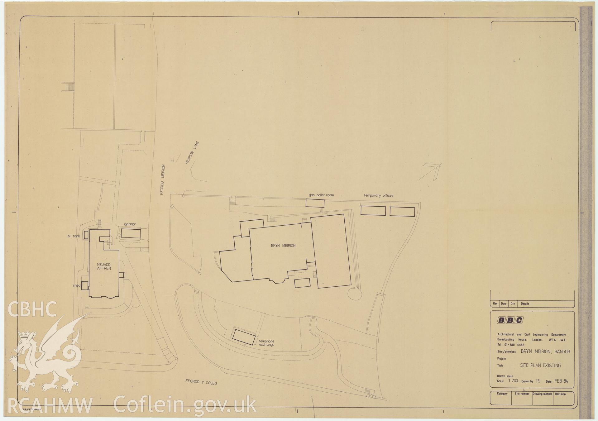 BBC premises, Broadcasting House, Bangor - existing site plans of Bryn Meirion. February 1984.