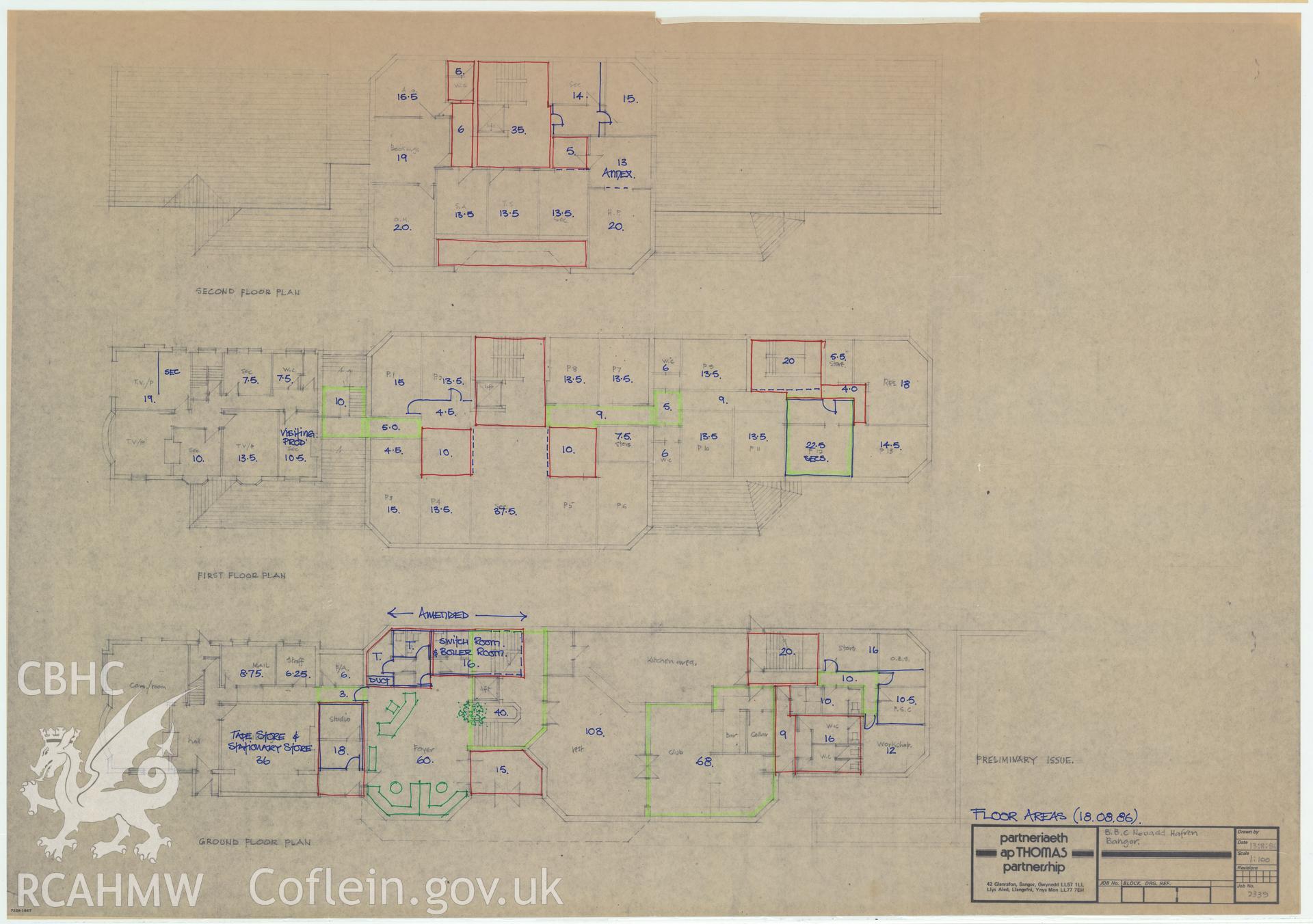 BBC premises, Broadcasting House, Bangor - drawing of floor plans at Neuadd Hafren. Drawing No. 2339. August 1986.