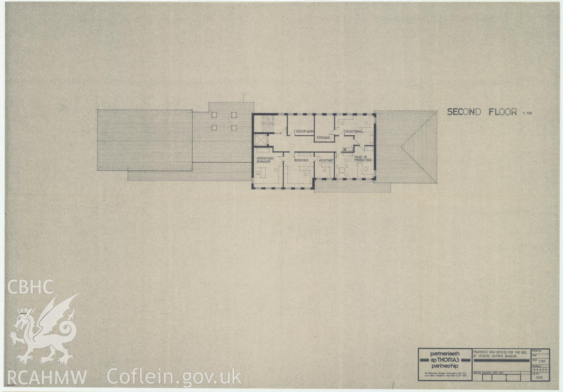 BBC premises, Broadcasting House, Bangor - drawing plans of the proposed new offices at Neuadd Hafren. Drawing No. 2339. 1986.