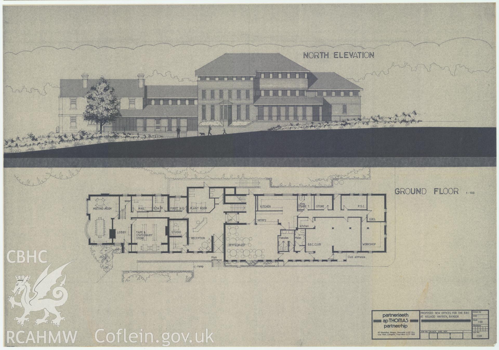 BBC premises, Broadcasting House, Bangor - north elevation and ground floor plan drawing plans of Neuadd Hafren. Drawing No. 2339. 1986.