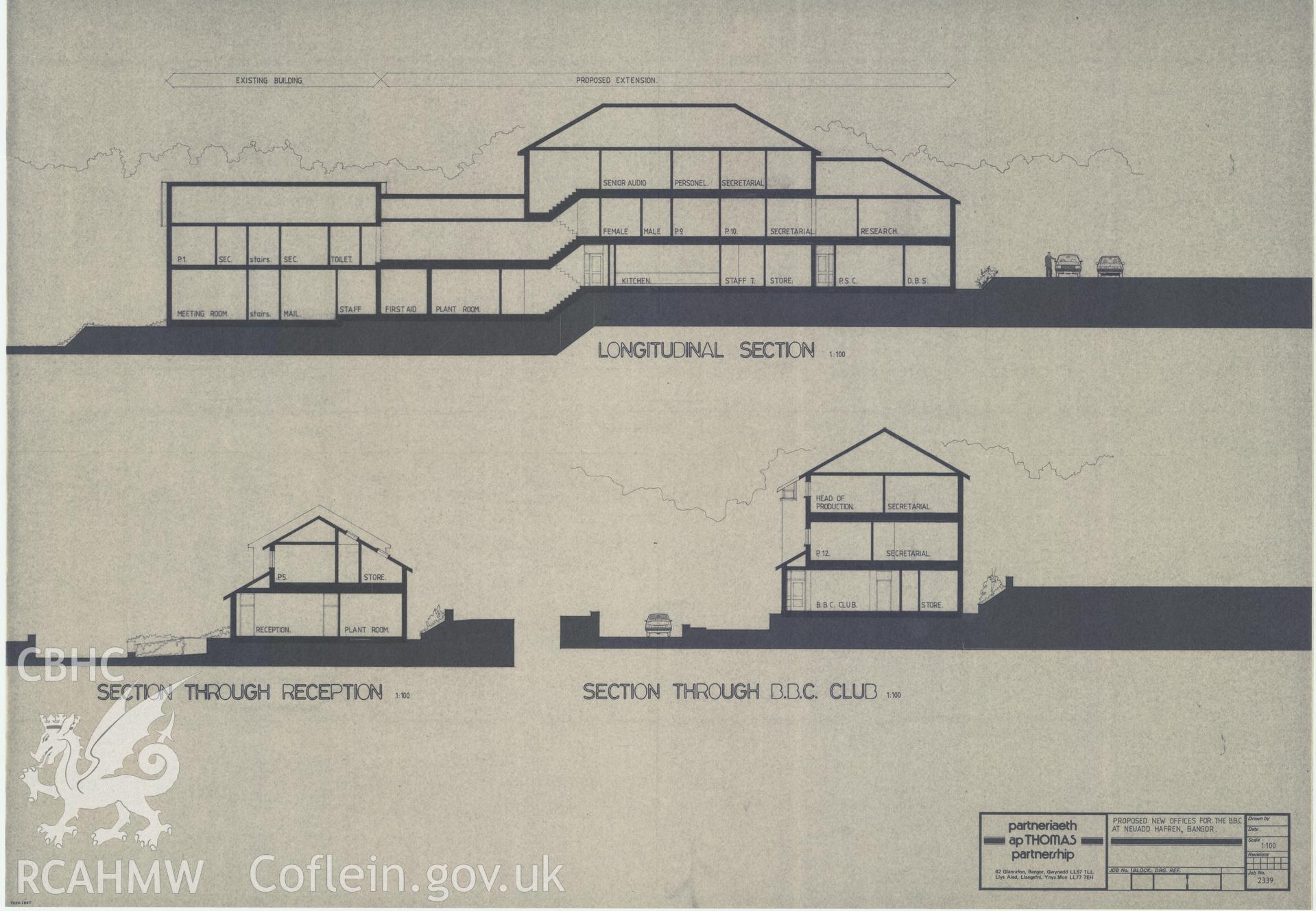 BBC premises, Broadcasting House, Bangor - sectional drawing of proposals for new BBC offices at Neuadd Hafren. Drawing No. 2339. 1986.