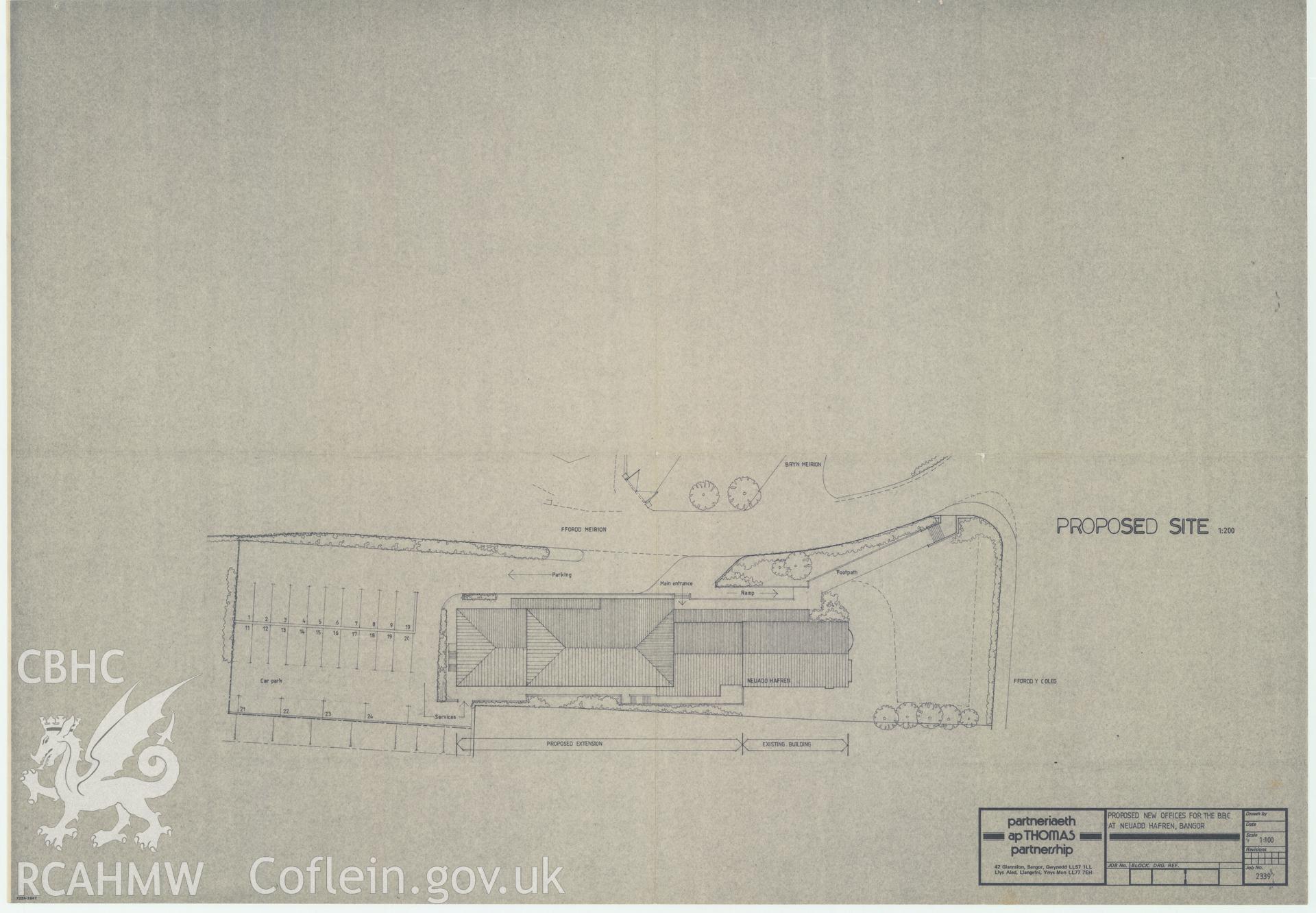 BBC premises, Broadcasting House, Bangor - plan drawing of proposals for new BBC offices at Neuadd Hafren. Drawing No. 2339. 1986.