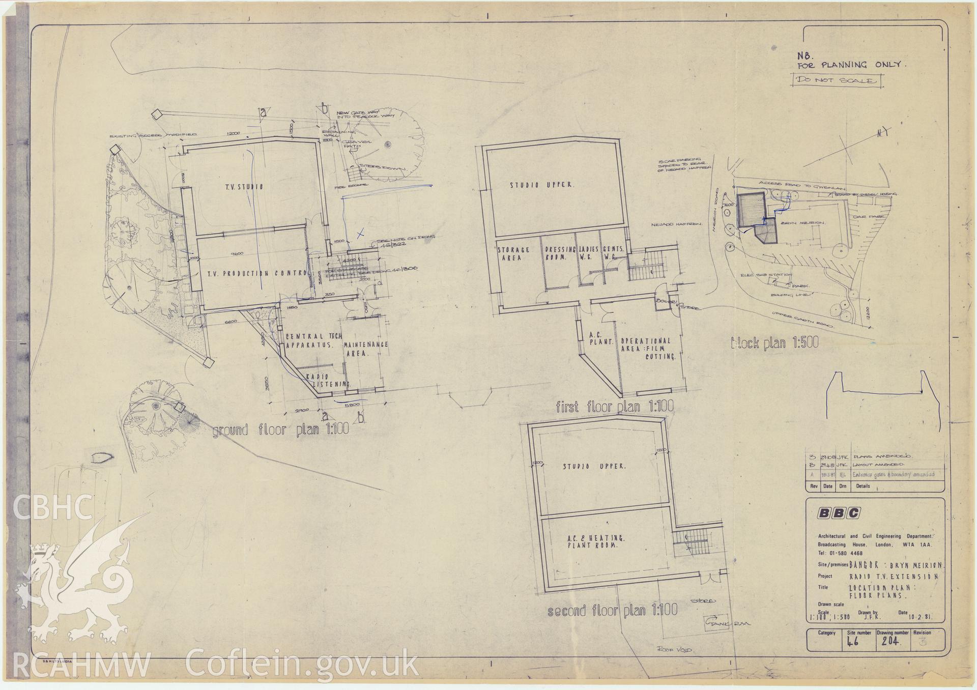 BBC premises, Broadcasting House, Bangor - block plan and location plan at Bryn Meirion. Drawing No. 46/204 R3. February 1981.