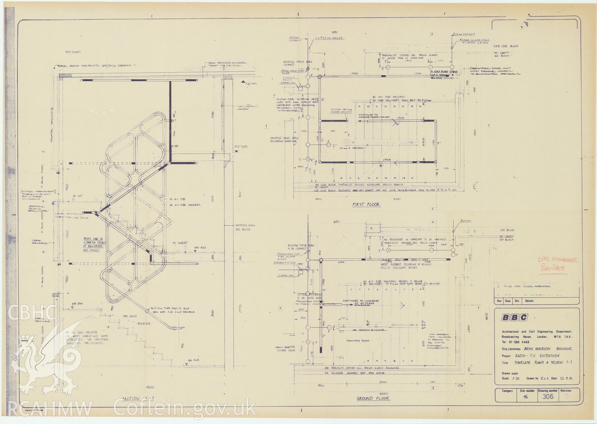 BBC premises, Broadcasting House, Bangor - elevation and plan drawing of the staircase at the Radio and TV extension at Bryn Meirion. Drawing No. 46/306 R3. May 1981.