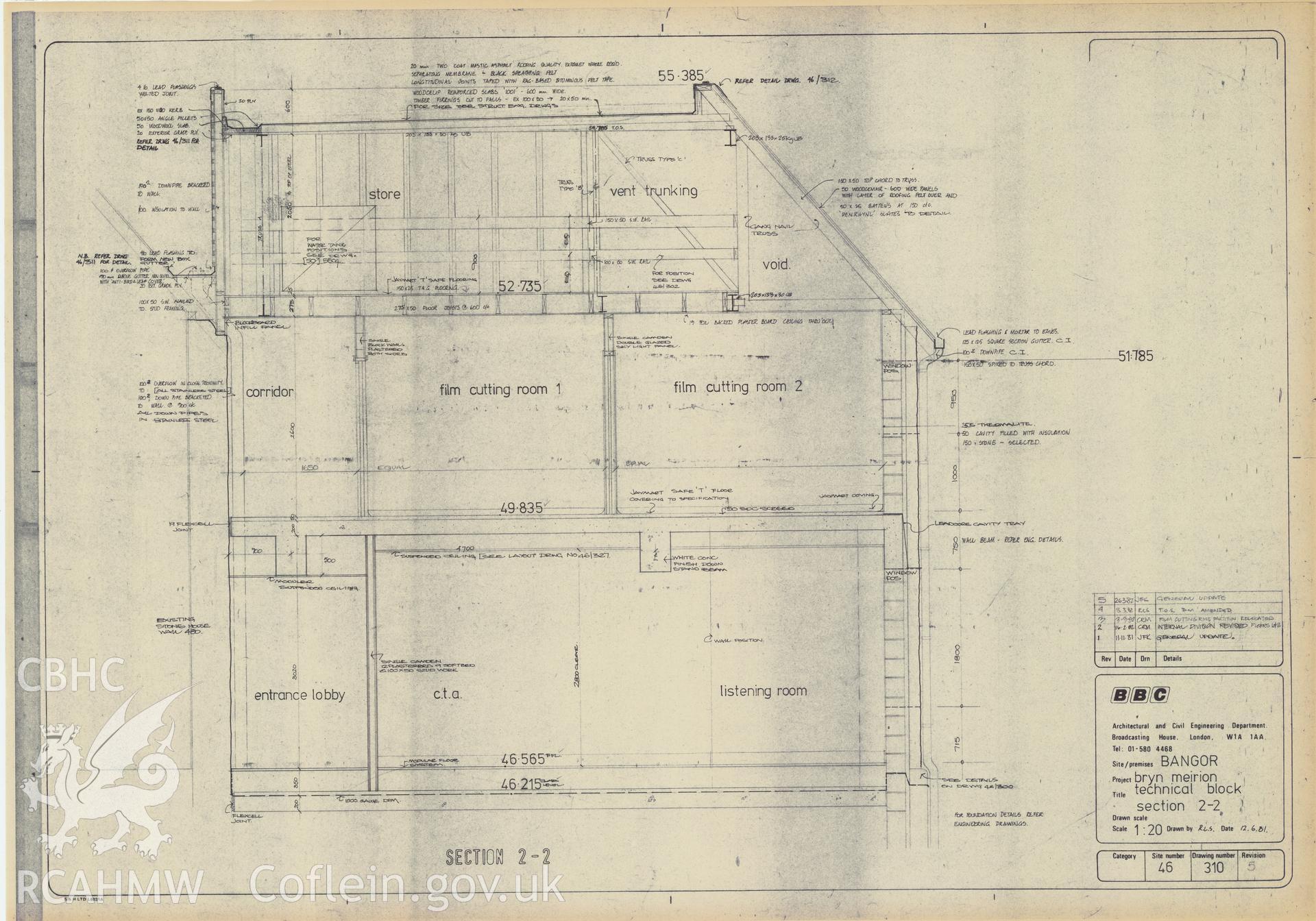 BBC premises, Broadcasting House, Bangor - plan and section drawing of the technical block at Bryn Meirion. Drawing No. 46/310 R5. March 1982.