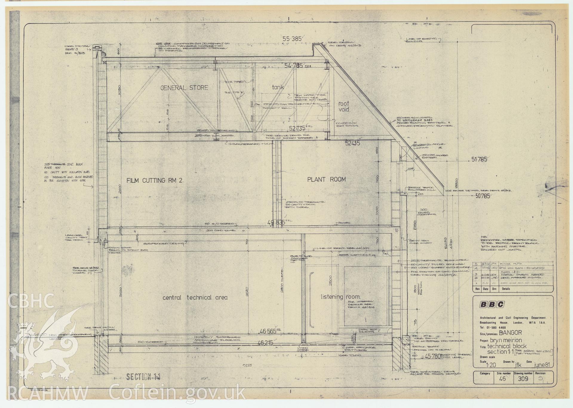 BBC premises, Broadcasting House, Bangor - elevation and section drawing of the technical block at Bryn Meirion. Drawing No. 46/309 R5. June 1982.