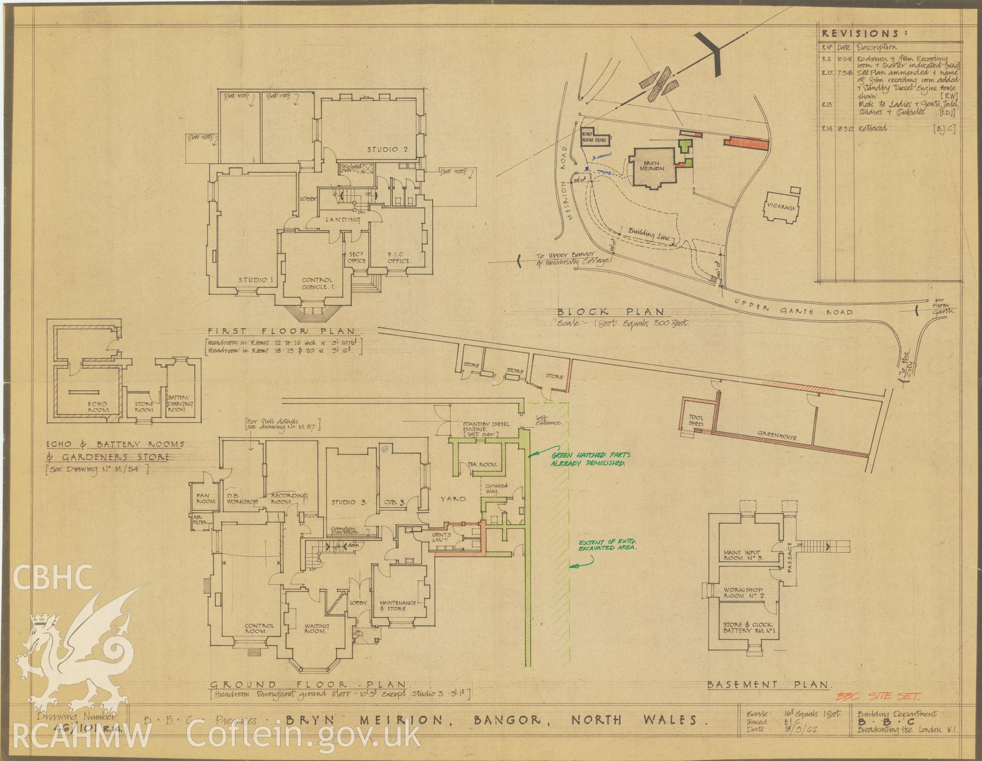 BBC premises, Broadcasting House, Bangor - block plan drawing of Bryn Meirion. Drawing No. 46/101 R14. September 1962.