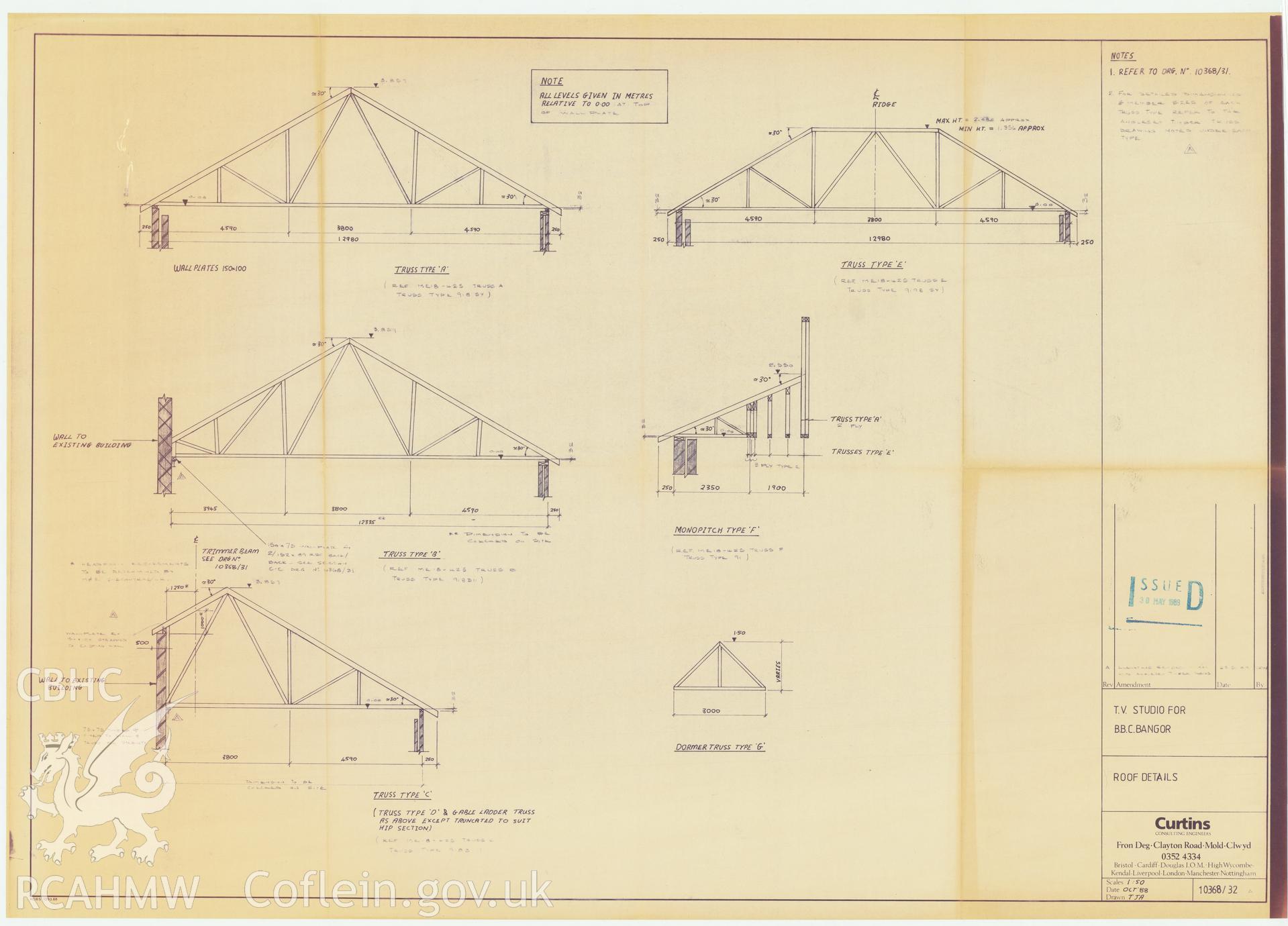 BBC premises, Broadcasting House, Bangor - drawing of roof details of the TV studio at Bryn Meirion. Drawing No. 10368/32A. October 1988.