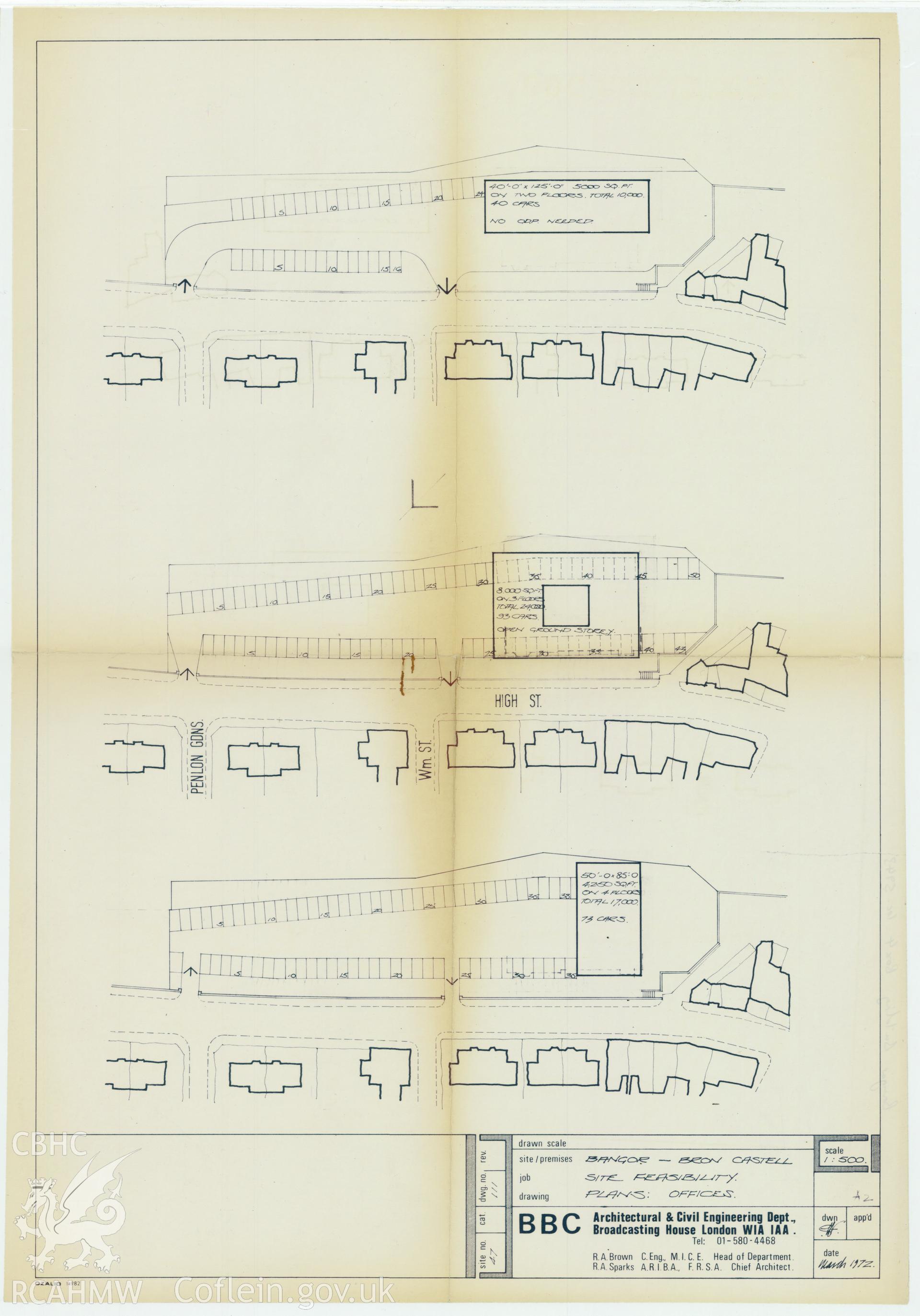 BBC building, Bron Castell, Bangor - a  site plan of the provisional premises. Drawing No. 47/111. March 1972.